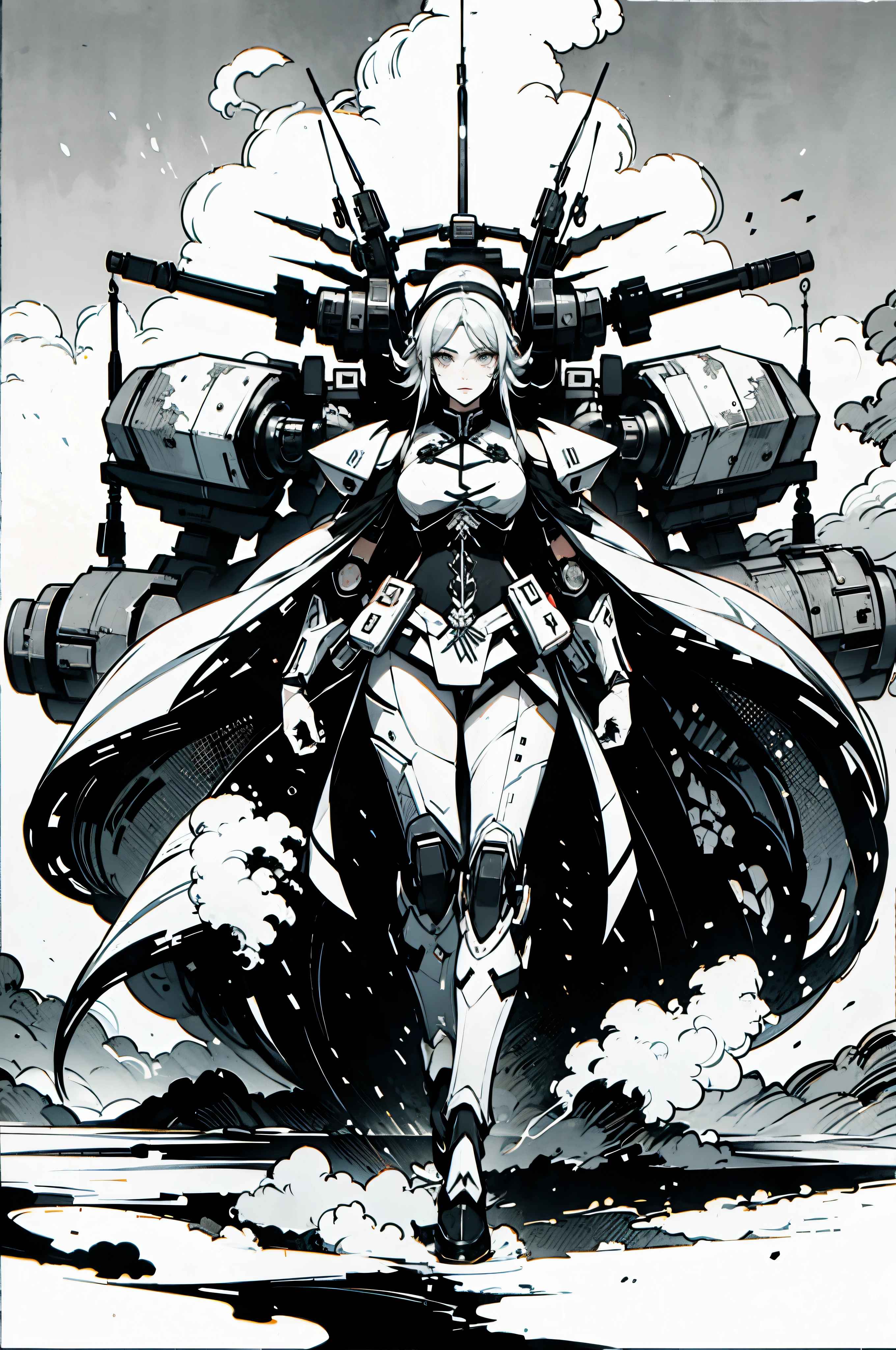 中国ink painting,ink painting, pure white background, monochrome,Grayscale, whole body, alone, 1个Mecha女战士,clear lines, masterpiece,Beijing_Zagu_Mecha