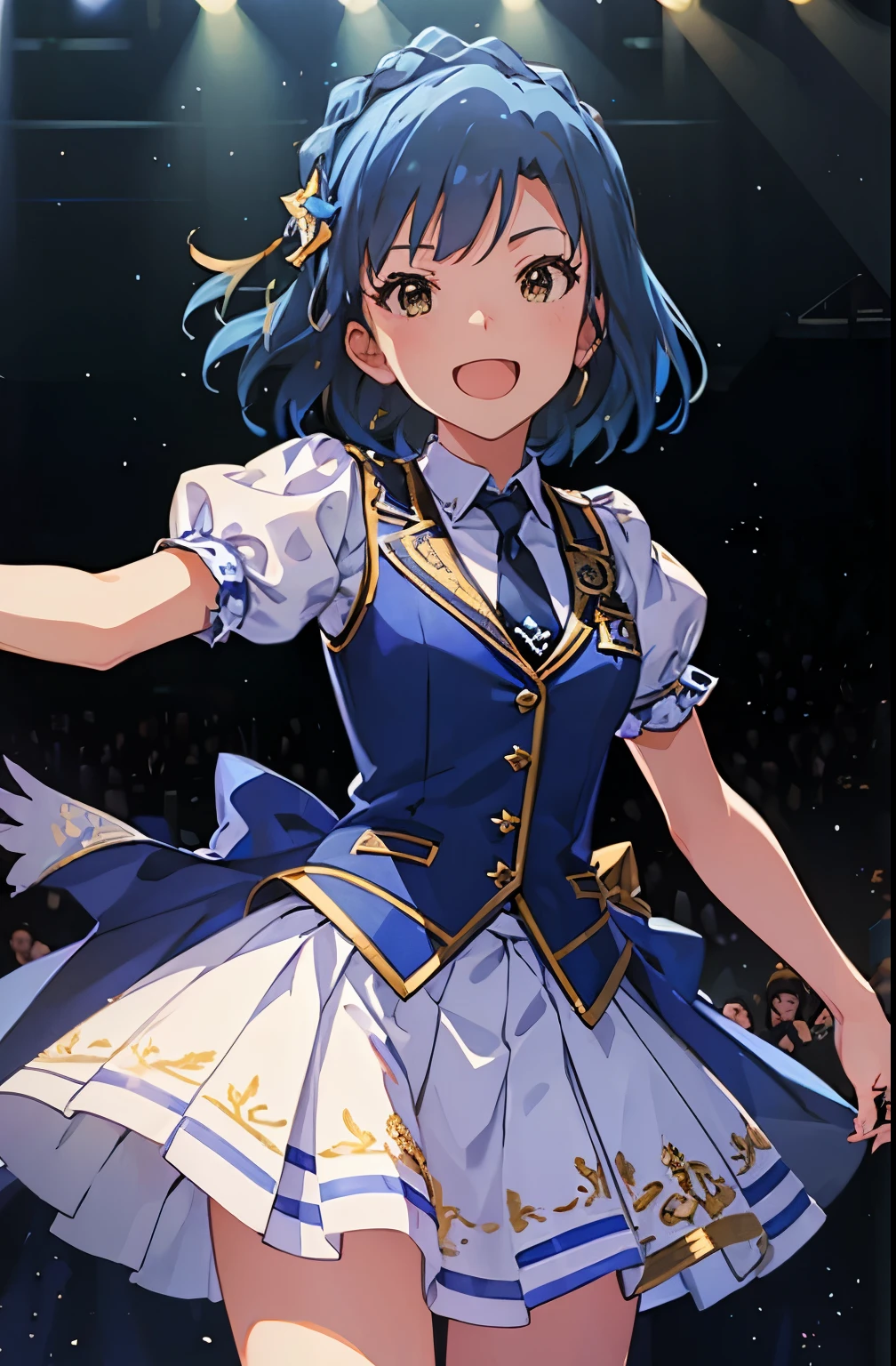 yuriko nanao (million live), 1 girl, Solo, Cute Girl, Best Quality, Ultra-detailed, 8K, High resolution, (upper body, face focus:1.3), Detailed face, falling down, singing on the stage, holding a microphone, looking at viewer, (smile, ;d), opened mouth, reach out a hand for viewer, Bob Hair, (sweat), ((idol costume:1.1, blue vest, short sleeves, puffy sleeves, black necktie, white skirt, pleated skirt,)), 