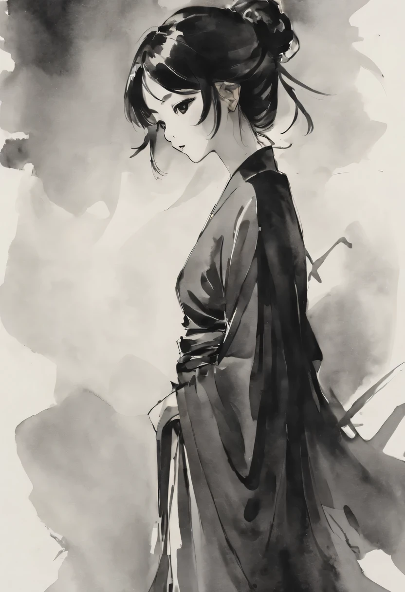 girl,black and white painting,Outline with black ink,smooth lines,通过墨迹的浓淡对比展现girl的表情和姿态,The background is simple,emphasize light, shadow and space,lots of white space,Use thick and light inks to create light and dark changes and layers,Choose the right ink color,Such as deep black、Thick gray、Light coffee, ETC,Express different situations and atmospheres,Control the gradient and transition of ink colors through the humidity and consistency of the ink,black and white tones, 中国传统ink painting, Chinese traditional art, ink painting, 中国ink painting, Chinese painting style