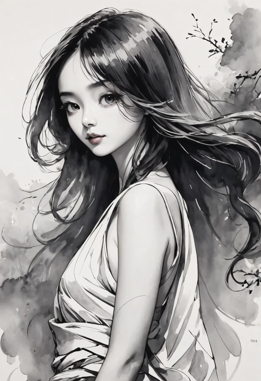 girl，black and white painting，Outline with black ink，smooth lines，通过墨迹的浓淡对比展现girl的表情和姿态，The background is simple，emphasize light, shadow and space，lots of white space，Use thick and light inks to create light and dark changes and layers，Choose the right ink color，Such as deep black、Thick gray、Light coffee, ETC，Express different situations and atmospheres，Control the gradient and transition of ink colors through the humidity and consistency of the ink，black and white tones， 中国传统ink painting, Chinese traditional art, ink painting, 中国ink painting, Chinese painting style