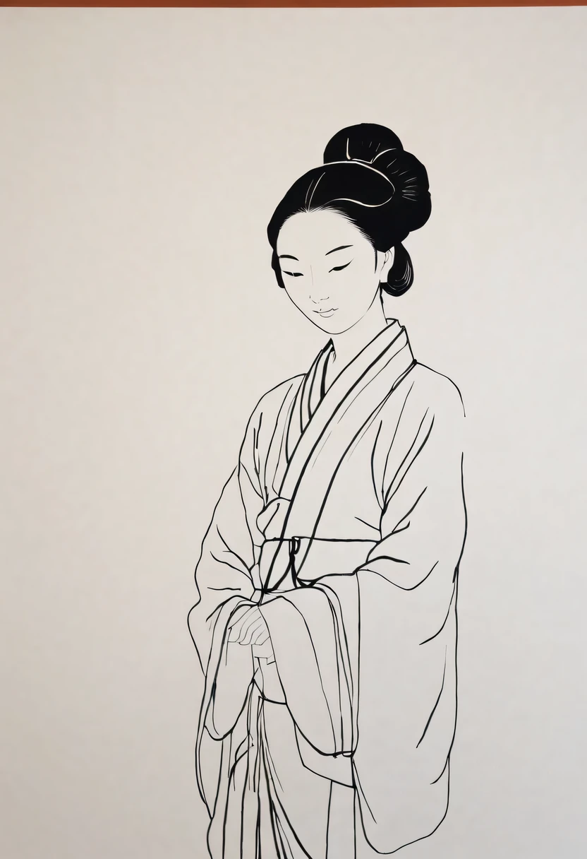 girl，black and white painting，Outline with black ink，smooth lines，通过墨迹的浓淡对比展现girl的表情和姿态，The background is simple，emphasize light, shadow and space，lots of white space，Use thick and light inks to create light and dark changes and layers，Choose the right ink color，Such as deep black、Thick gray、Light coffee, ETC，Express different situations and atmospheres，Control the gradient and transition of ink colors through the humidity and consistency of the ink，black and white tones， 中国传统ink painting, Chinese traditional art, ink painting, 中国ink painting, Chinese painting style