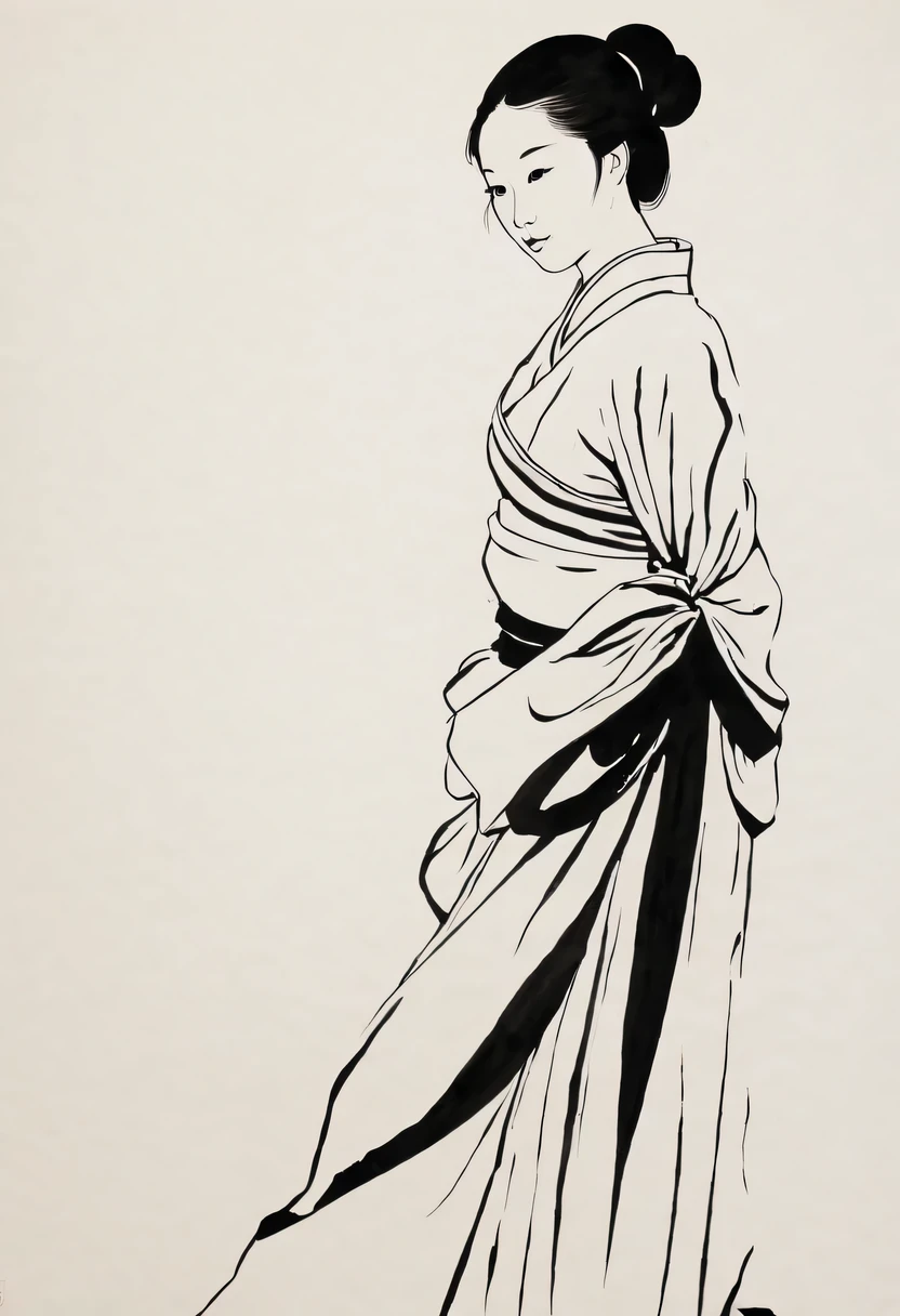 girl，black and white painting，Outline with black ink，smooth lines，通过墨迹的浓淡对比展现girl的表情和姿态，The background is simple，emphasize light, shadow and space，lots of white space，Use thick and light inks to create light and dark changes and layers，Choose the right ink color，Such as deep black、Thick gray、Light coffee, ETC，Express different situations and atmospheres，Control the gradient and transition of ink colors through the humidity and consistency of the ink，black and white tones， 中国传统ink painting, Chinese traditional art, ink painting, 中国ink painting, Chinese painting style