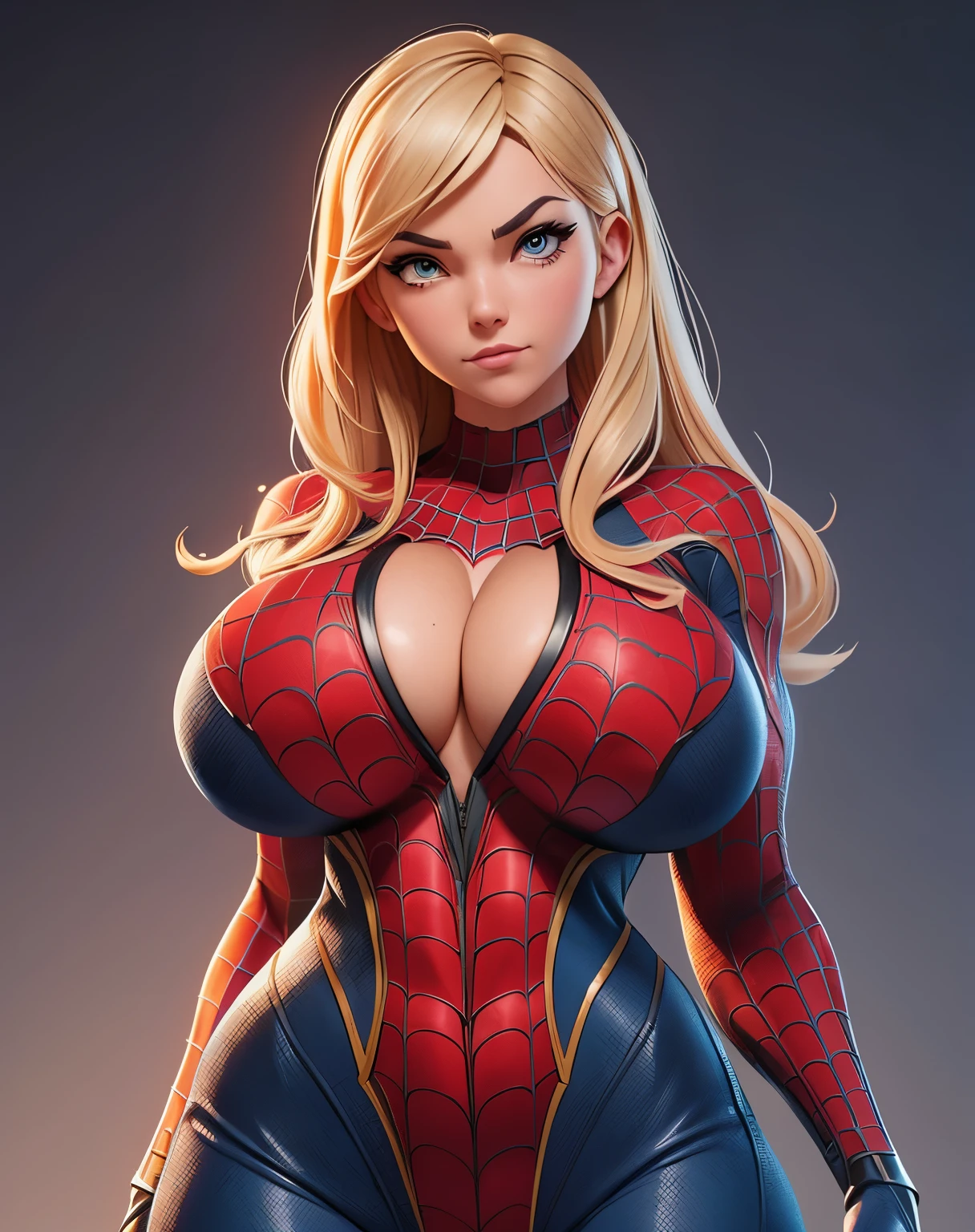 a close up of a woman in a spider - man suit posing, ( ( spiderwoman ) ), gwen stacy, extremely detailed artgerm, ig model | artgerm, style artgerm, alena aenami and artgerm, highly detailed exquisite fanart, artgerm style, artgerm 4 k, high detail iconic character, ((((massive breasts)))), thick, abs, nipples, ((((huge muscles)))), Dynamic cityscape background