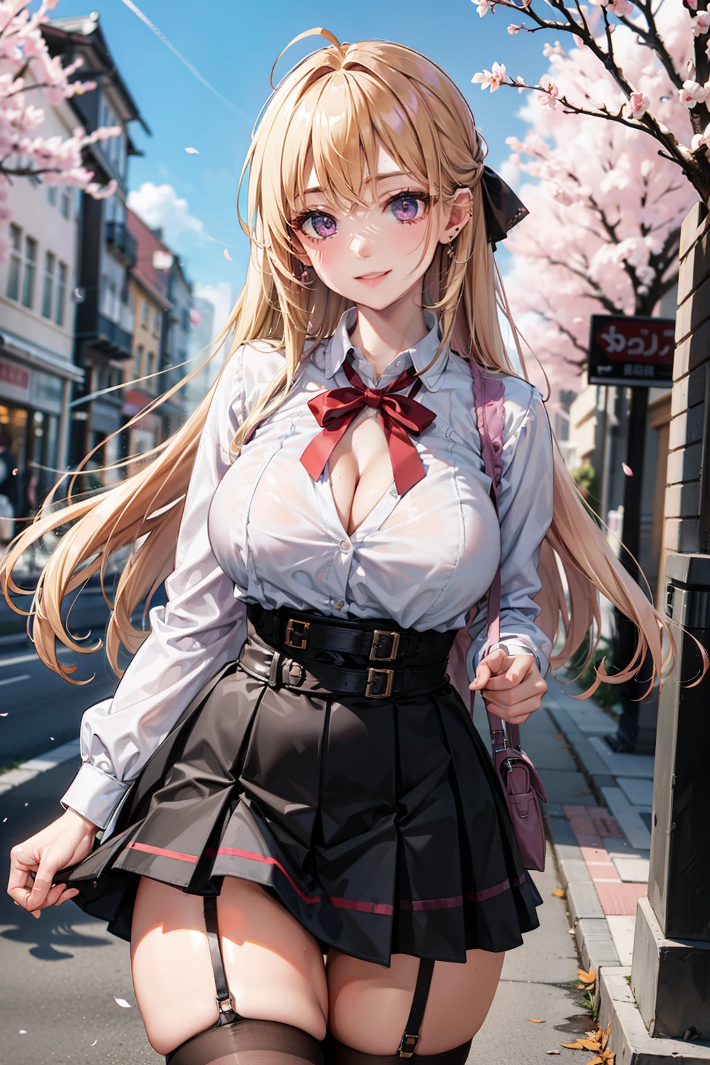 masterpiece, best quality, highres, hs1, light purple eyes, huge butt, wide hips, thick thighs upskirt, long sleeves, cleavage, long blonde hair, pink cardigan, black thighhighs, plaid skirt, red ribbon, garter straps, school uniform, outdoors, cowboy shot, standing, smile, panty peek, floral print pink panties, looking at viewer, thick thighs, jirai kei, ear piercings, street view, sakura