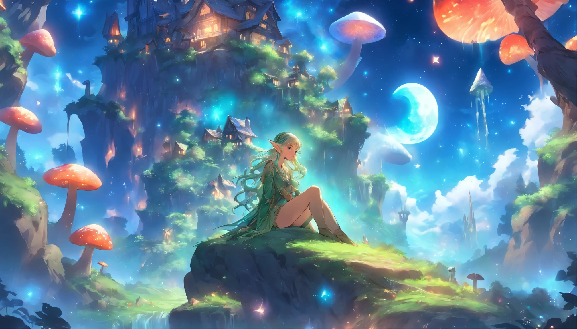 Fantasy elven world,The moon floats high at night,Galaxies are floating high,Meteors flew,Cute elven mushroom house,very detailed,tendency,Brightly colored young elven woman sitting on a stone
