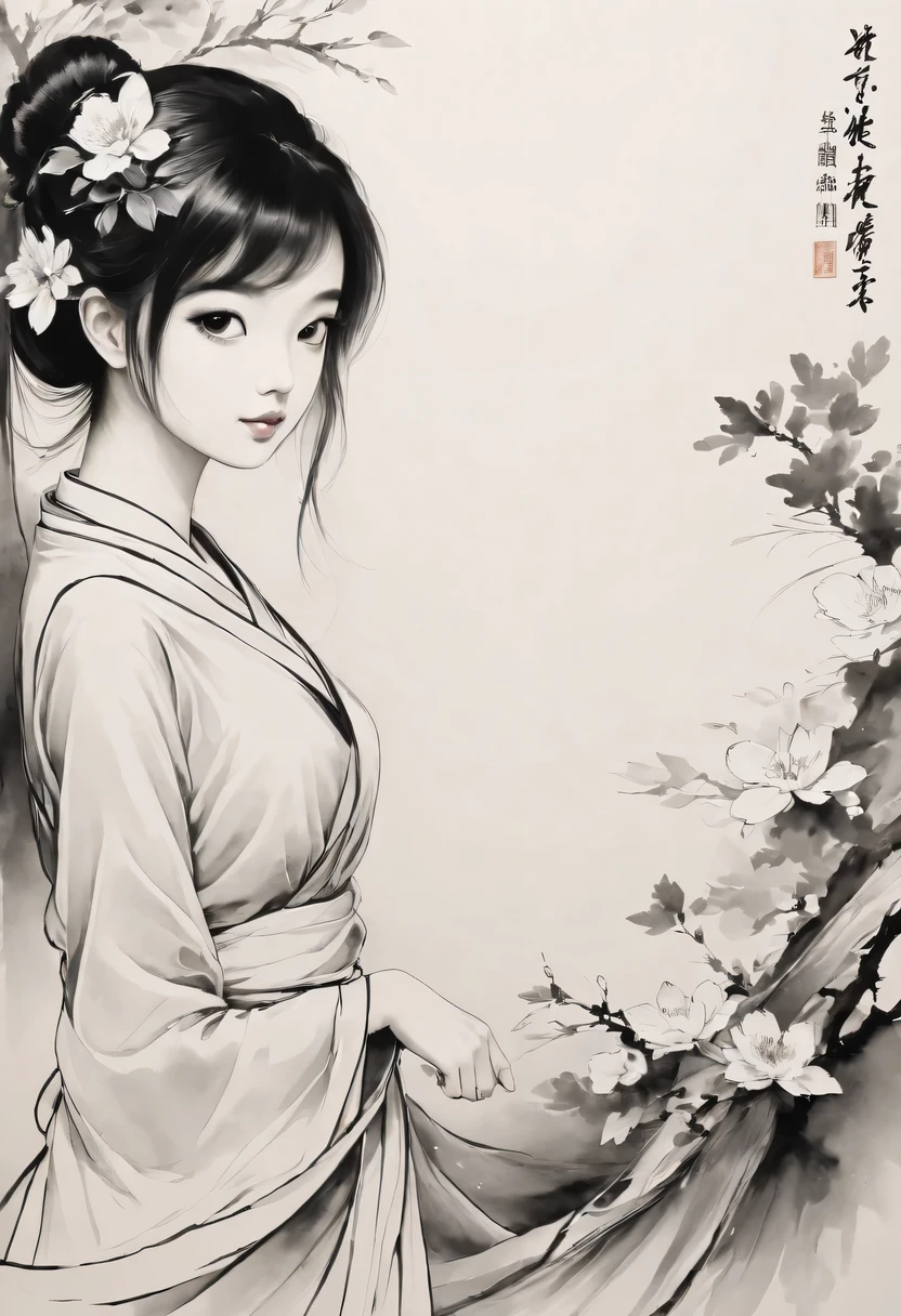 girl，black and white painting，Outline with black ink，smooth lines，通过墨迹的浓淡对比展现girl的表情和姿态，The background is simple，emphasize light, shadow and space，lots of white space，Use thick and light inks to create light and dark changes and layers，Choose the right ink color，Such as deep black、Thick gray、Light coffee, ETC，Express different situations and atmospheres，Control the gradient and transition of ink colors through the humidity and consistency of the ink，black and white tones， 中国传统ink painting, Chinese traditional art, ink painting, 中国ink painting, Chinese painting style