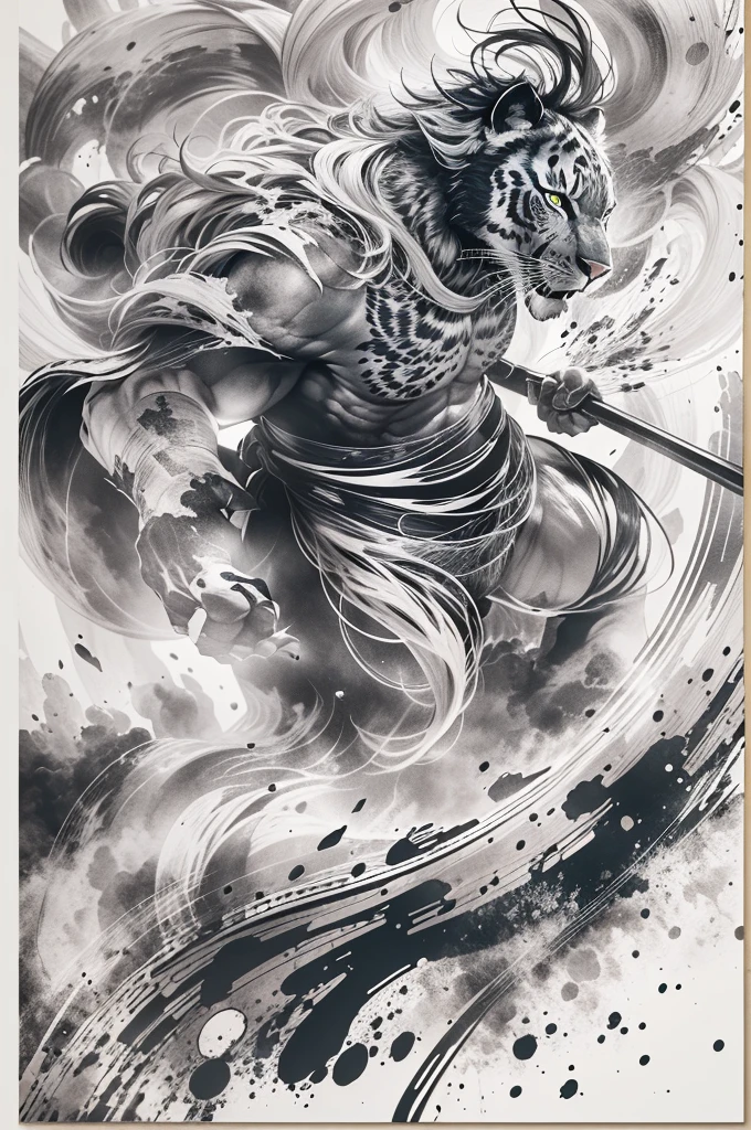 (ink style art:1.3), (one man)、warrior portrait、abstract painting、A proud warrior heading into battle、(roar:1.3)、Overflowing life energy、(black ink, Ink texture), (white background), vector style、Simple style, thick and bold brush strokes