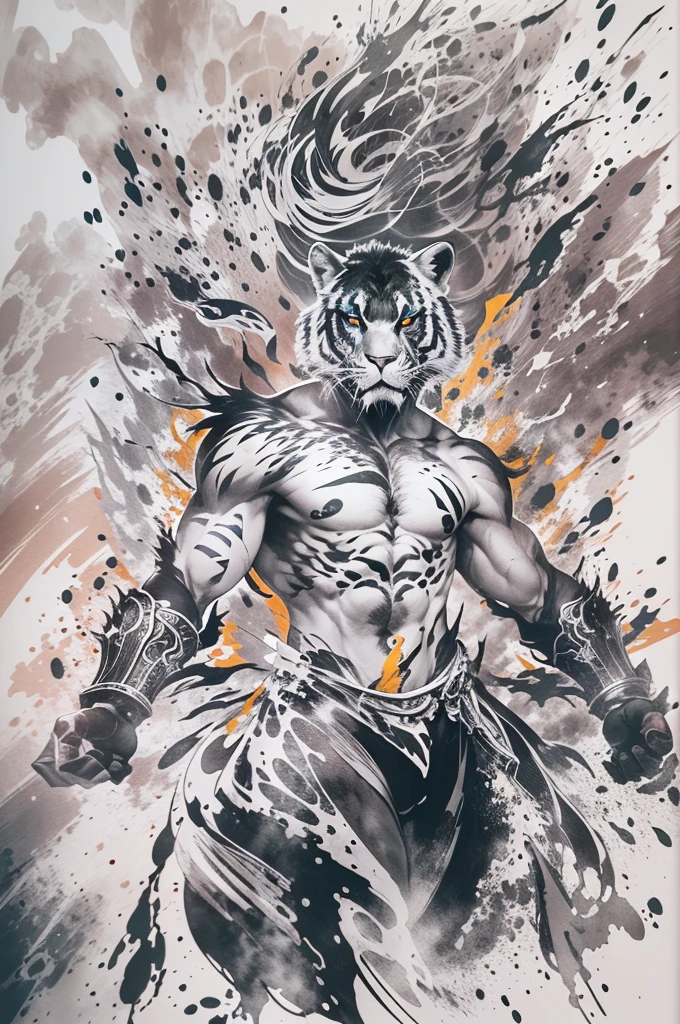 (ink style art:1.3), (one man)、warrior portrait、abstract painting、A proud warrior heading into battle、(roar:1.3)、Overflowing life energy、(black ink, Ink texture), (white background), vector style、Simple style, thick and bold brush strokes