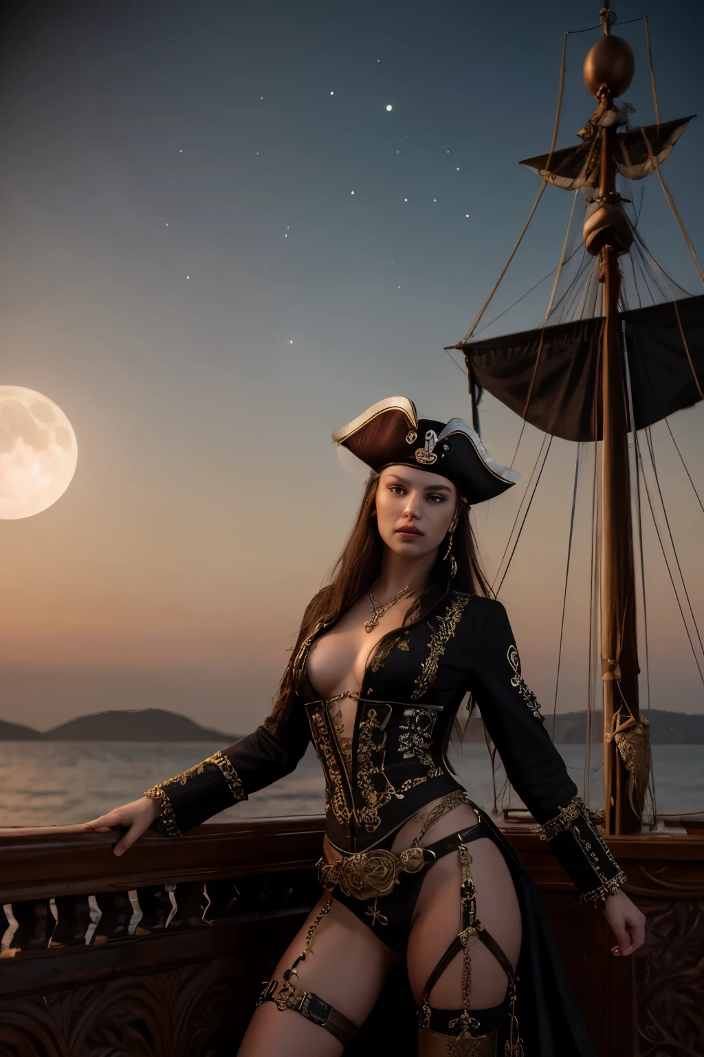 (tmasterpiece:1.6), (super realistic:1.2), a captivating image of a 20-year-old Pirate Maiden with celestial beauty, rivaling that of the stars,
Imagine her poised confidently at the helm of a grand pirate ship, her silhouette defined against the shimmering night sky and the crimson glow of a full moon,
The vessel itself is a maritime masterpiece, intricately carved with elaborate designs, polished brass embellishments, and an array of mystical symbols,
Enchanting as she is, the Pirate Maiden dons a resplendent ensemble, blending midnight