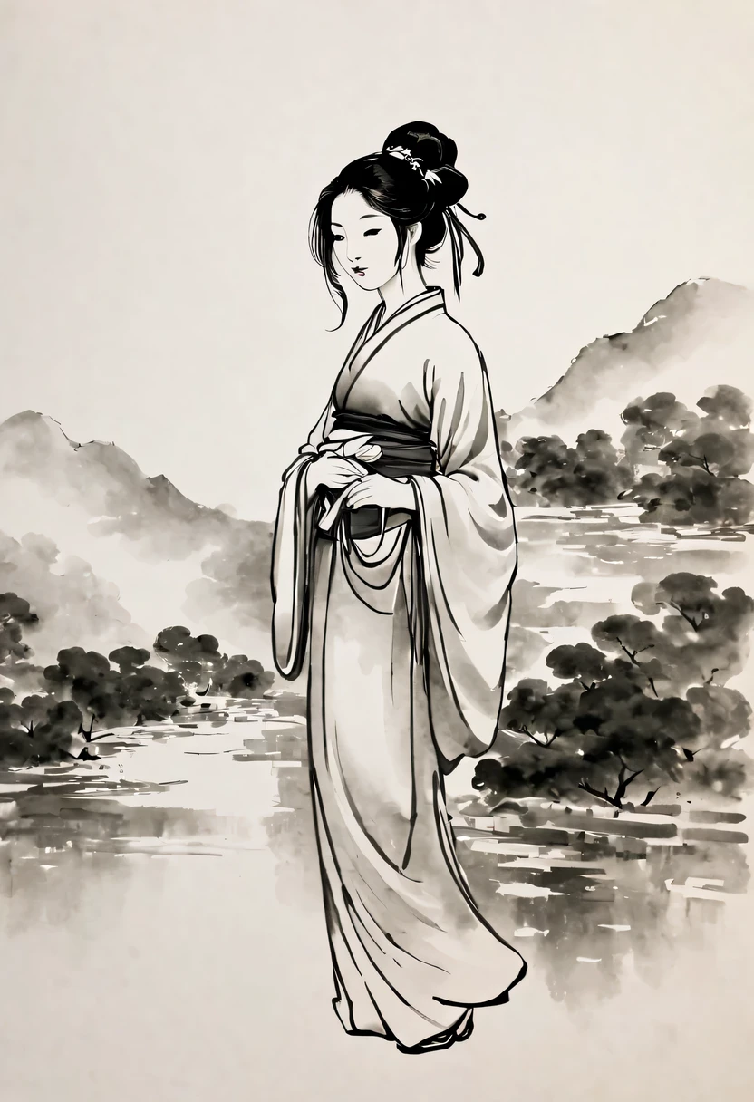 girl，black and white painting，Outline with black ink，smooth lines，通过墨迹的浓淡对比展现girl的表情和姿态，The background is simple，emphasize light, shadow and space，lots of white space，Use thick and light inks to create light and dark changes and layers，Choose the right ink color，Such as deep black、Thick gray、Light coffee, ETC，Express different situations and atmospheres，Control the gradient and transition of ink colors through the humidity and consistency of the ink，black and white tones， 中国传统ink painting, Chinese traditional art, ink painting, 中国ink painting, Chinese painting style