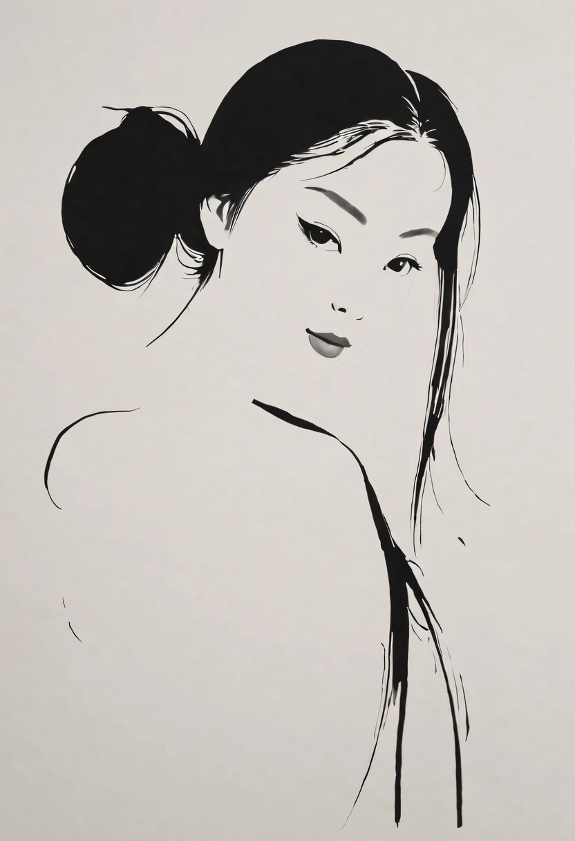 girl，black and white painting，Outline with black ink，smooth lines，通过墨迹的浓淡对比展现girl的表情和姿态，The background is simple，emphasize light, shadow and space，lots of white space，Use thick and light inks to create light and dark changes and layers，Choose the right ink color，Such as deep black、Thick gray、Light coffee, ETC，Express different situations and atmospheres，Control the gradient and transition of ink colors through the humidity and consistency of the ink，black and white tones， 中国传统ink painting, Chinese traditional art, ink painting, 中国ink painting, Chinese painting style