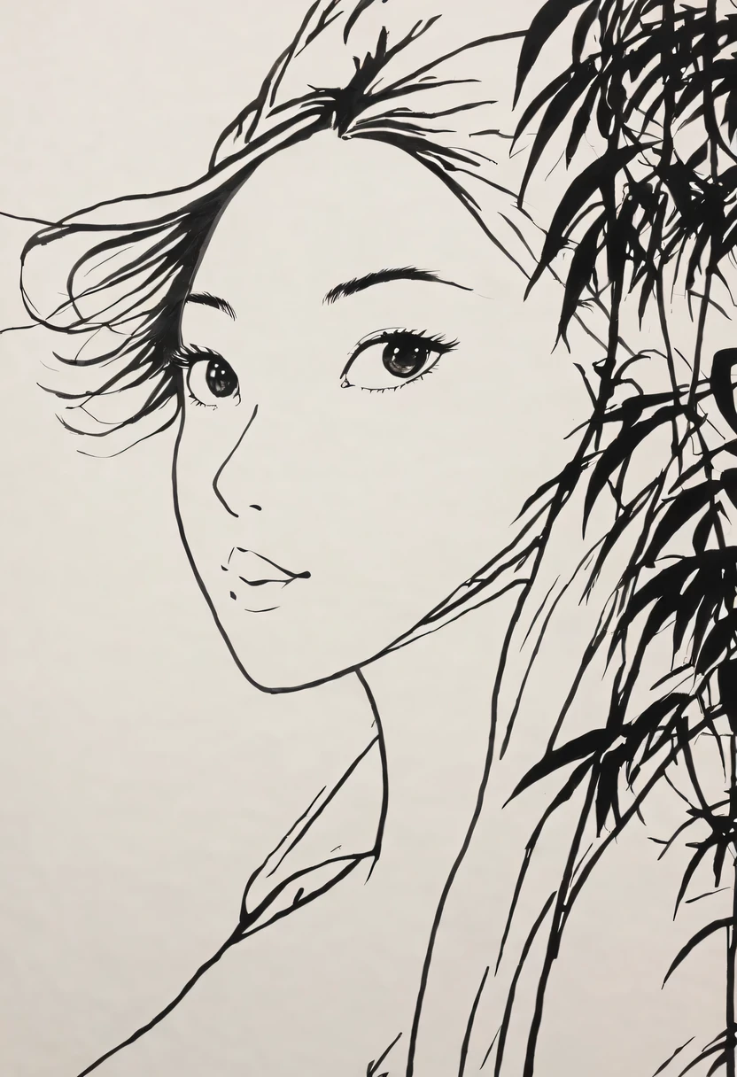 girl,black and white painting,Outline with black ink,smooth lines,通过墨迹的浓淡对比展现girl的表情和姿态,The background is simple,emphasize light, shadow and space,lots of white space,Use thick and light inks to create light and dark changes and layers,Choose the right ink color,Such as deep black、Thick gray、Light coffee, ETC,Express different situations and atmospheres,Control the gradient and transition of ink colors through the humidity and consistency of the ink,black and white tones, 中国传统ink painting, Chinese traditional art, ink painting, 中国ink painting, Chinese painting style