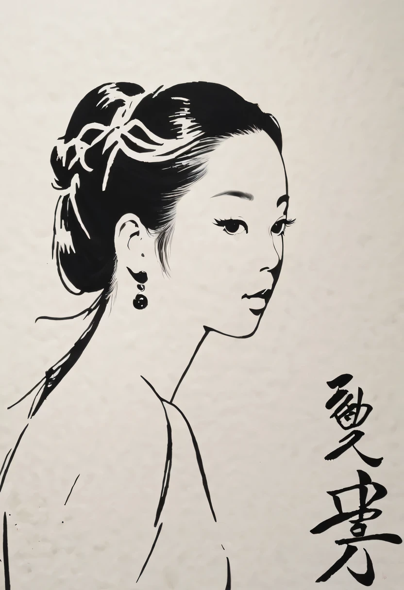 girl，black and white painting，Outline with black ink，smooth lines，通过墨迹的浓淡对比展现girl的表情和姿态，The background is simple，emphasize light, shadow and space，lots of white space，Use thick and light inks to create light and dark changes and layers，Choose the right ink color，Such as deep black、Thick gray、Light coffee, ETC，Express different situations and atmospheres，Control the gradient and transition of ink colors through the humidity and consistency of the ink，black and white tones， 中国传统ink painting, Chinese traditional art, ink painting, 中国ink painting, Chinese painting style