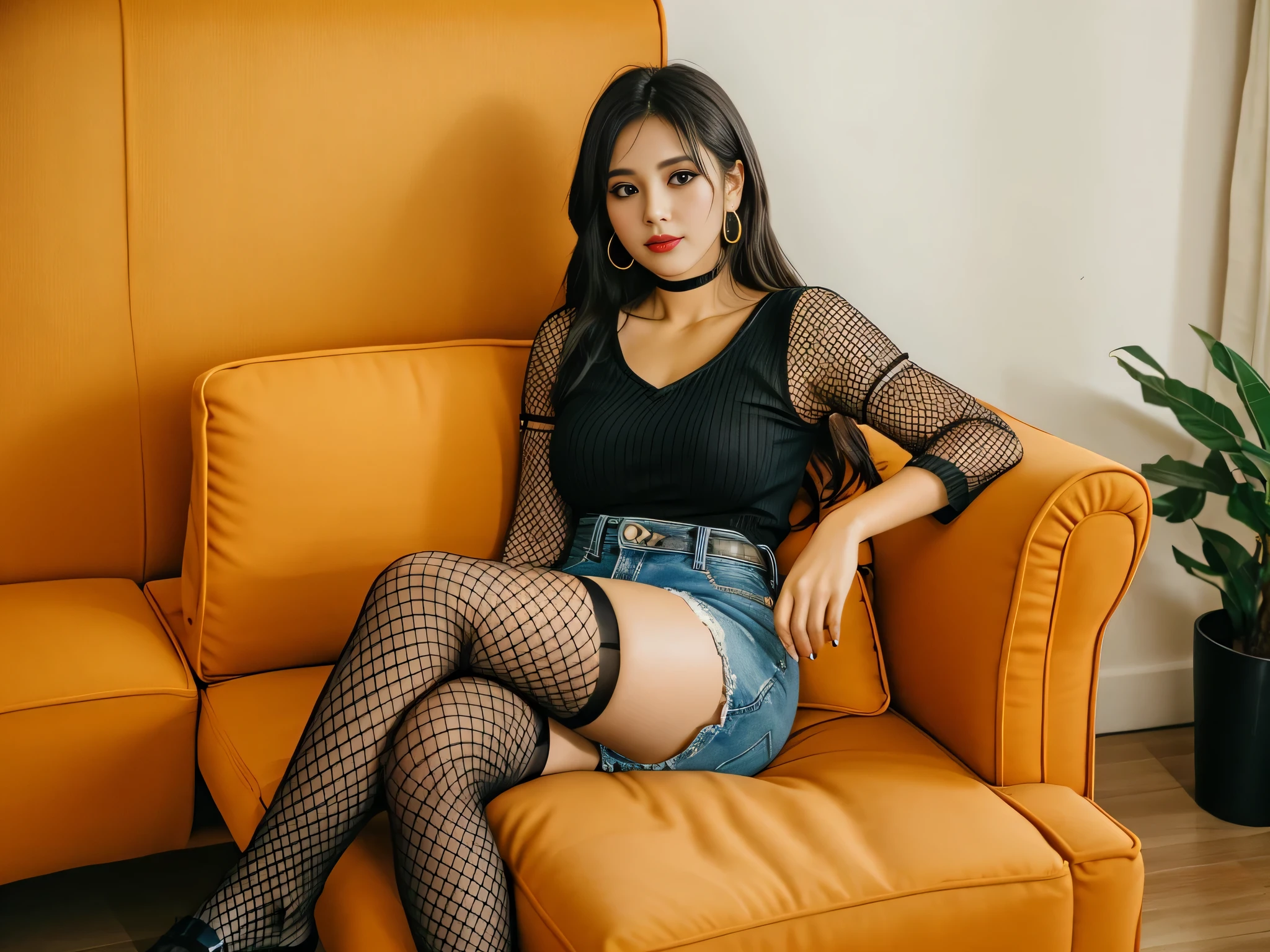 there is a woman sitting in a chair on a sofa, in a denim mini skirt and black ribbed fishnet tights, pernas cruzadas, mulheres de 35 anos, 8k