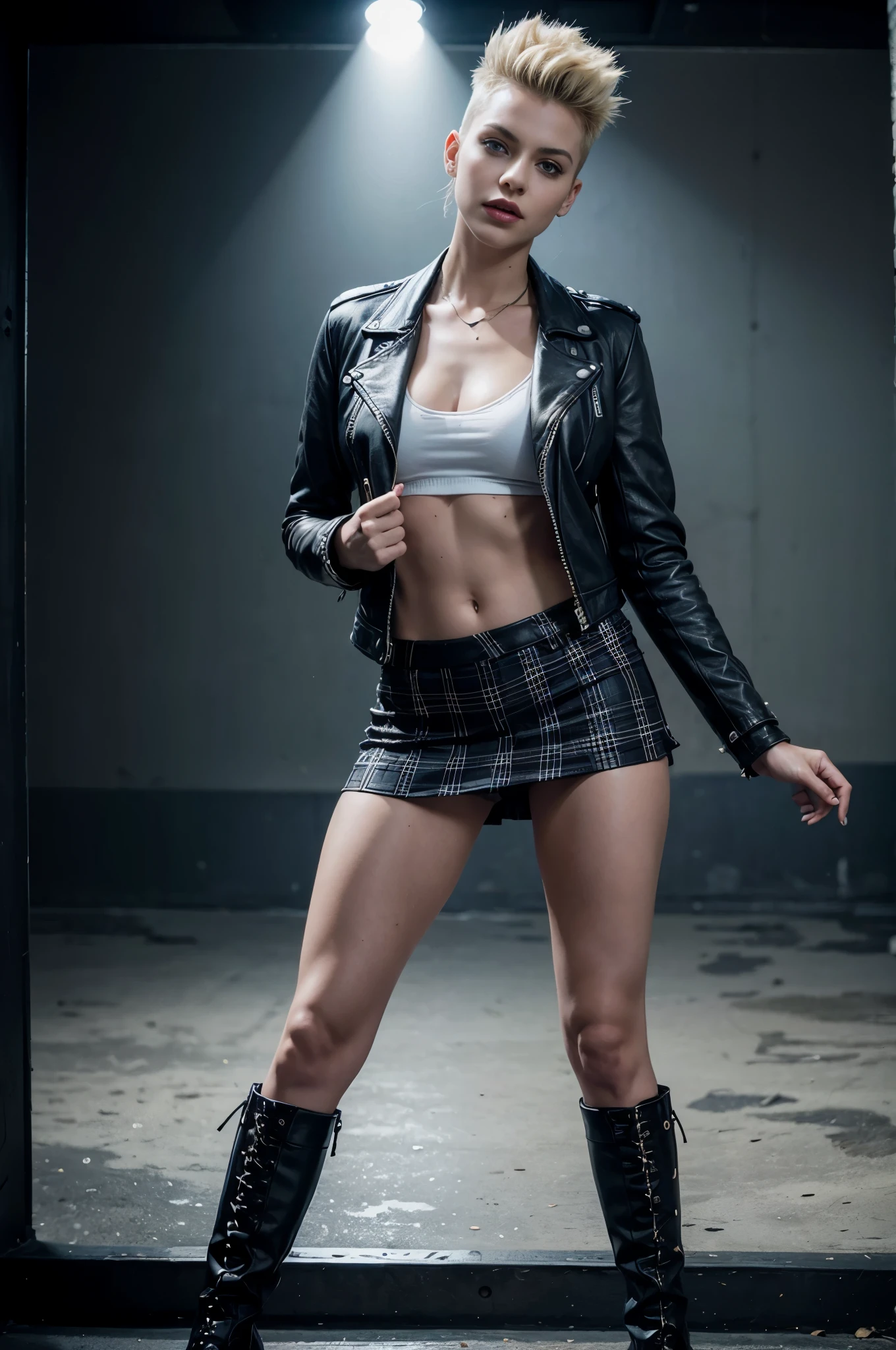 photorealistic:1.2, a rocker girl in a short plaid skirt and leather jacket, portrait, highly photorealistic photograph, full body shot, electric guitar, edgy clothes, dark lipstick, spiky blonde and partially shaved hair, beautiful and perfect legs, confident expression, punk style ,striking pose, dynamic lighting, vibrant colors, ARRI ALEXA 65, 50mm lens