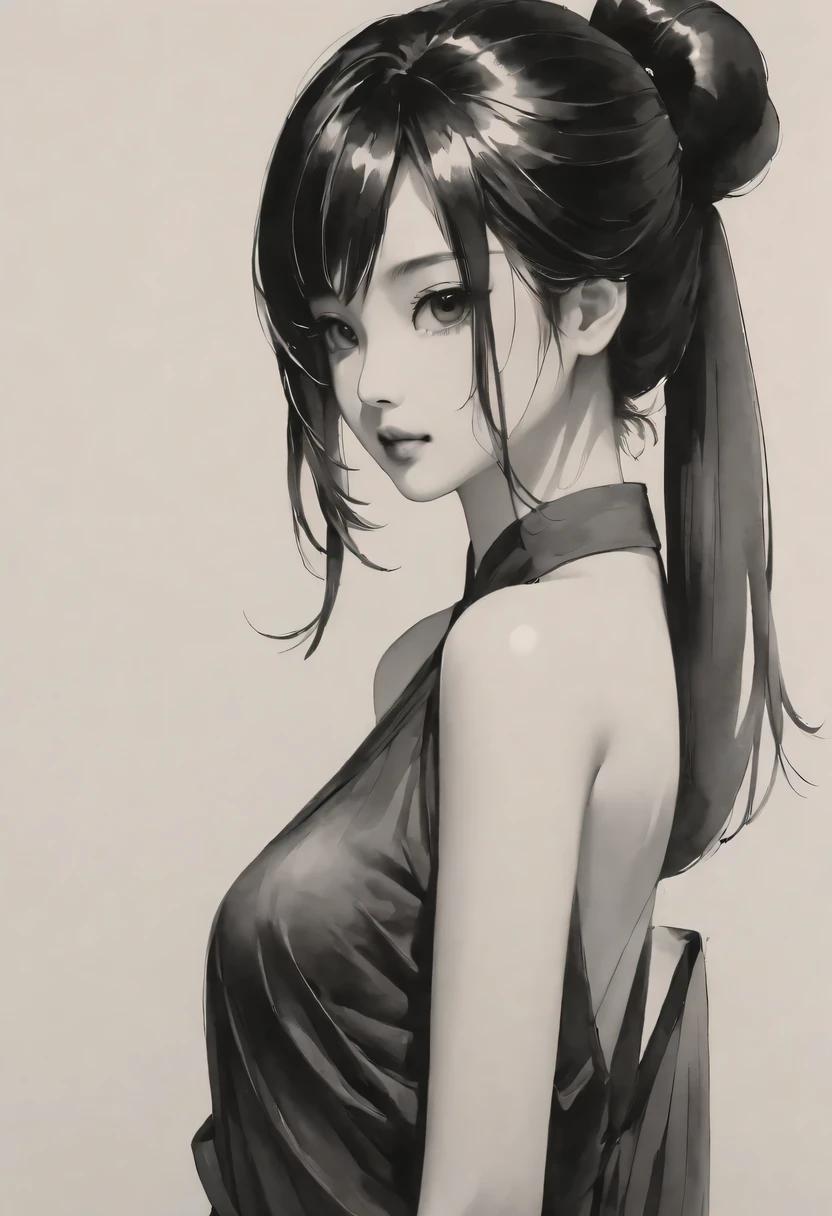 girl，black and white painting，Outline with black ink，smooth lines，通过墨迹的浓淡对比展现girl的表情和姿态，The background is simple，emphasize light, shadow and space，lots of white space，Use thick and light inks to create light and dark changes and layers，Choose the right ink color，Such as deep black、Thick gray、Light coffee, ETC，Express different situations and atmospheres，Control the gradient and transition of ink colors through the humidity and consistency of the ink，black and white tones， 中国传统ink painting, Chinese traditional art, ink painting, 中国ink painting, Chinese painting style