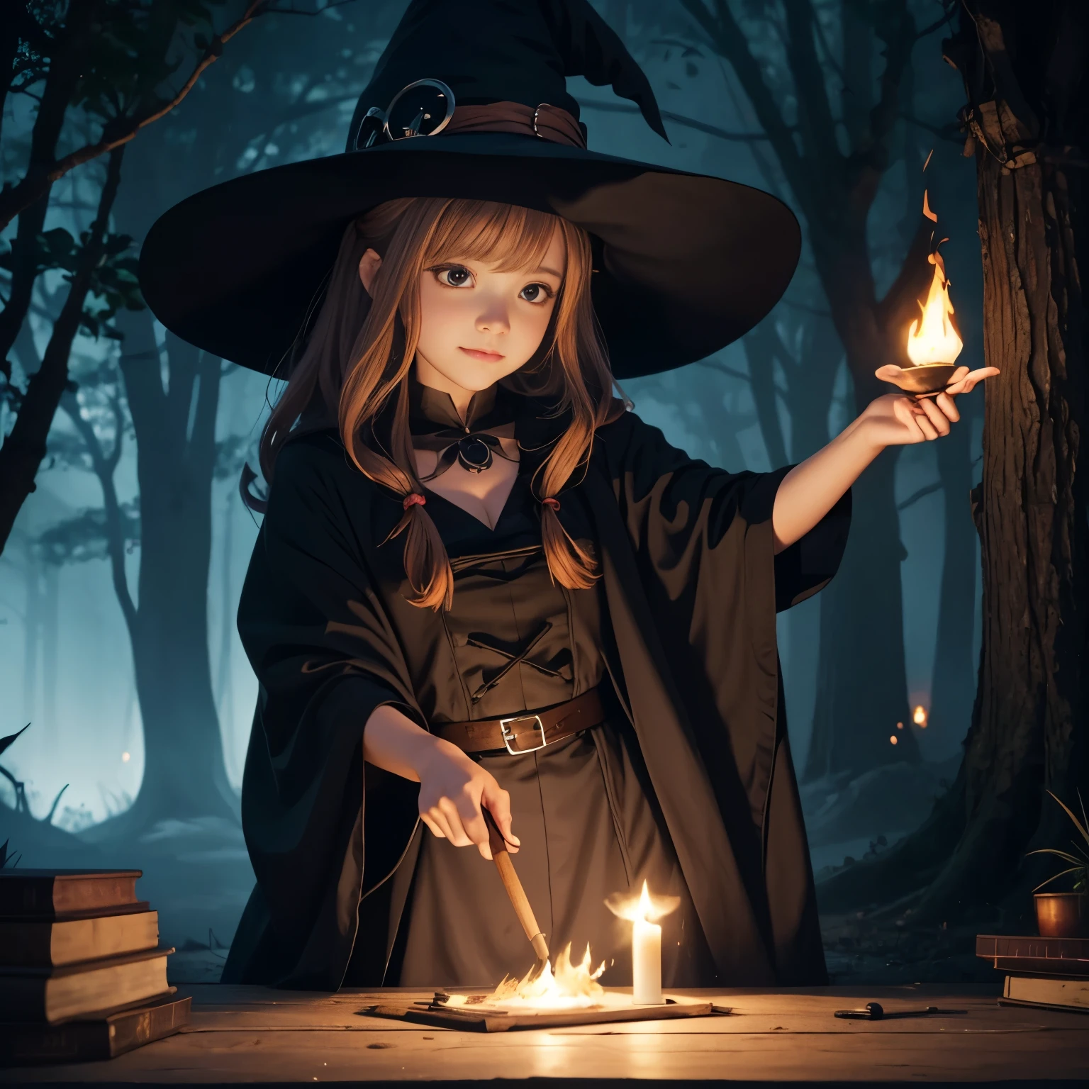 A cute anime witch, casting a dark magic spell