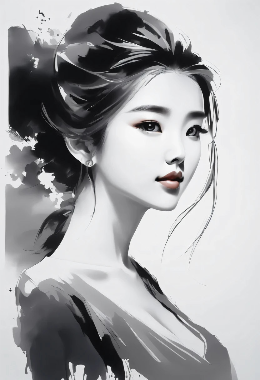 girl，black and white painting，Outline with black ink，smooth lines，通过墨迹的浓淡对比展现girl的表情和姿态，The background is simple，emphasize light, shadow and space，lots of white space，Use thick and light inks to create light and dark changes and layers，Choose the right ink color，Such as deep black、Thick gray、Light coffee, ETC，Express different situations and atmospheres，Control the gradient and transition of ink colors through the humidity and consistency of the ink，black and white tones， 中国传统ink painting, Chinese traditional art, ink painting, 中国ink painting, Chinese painting style