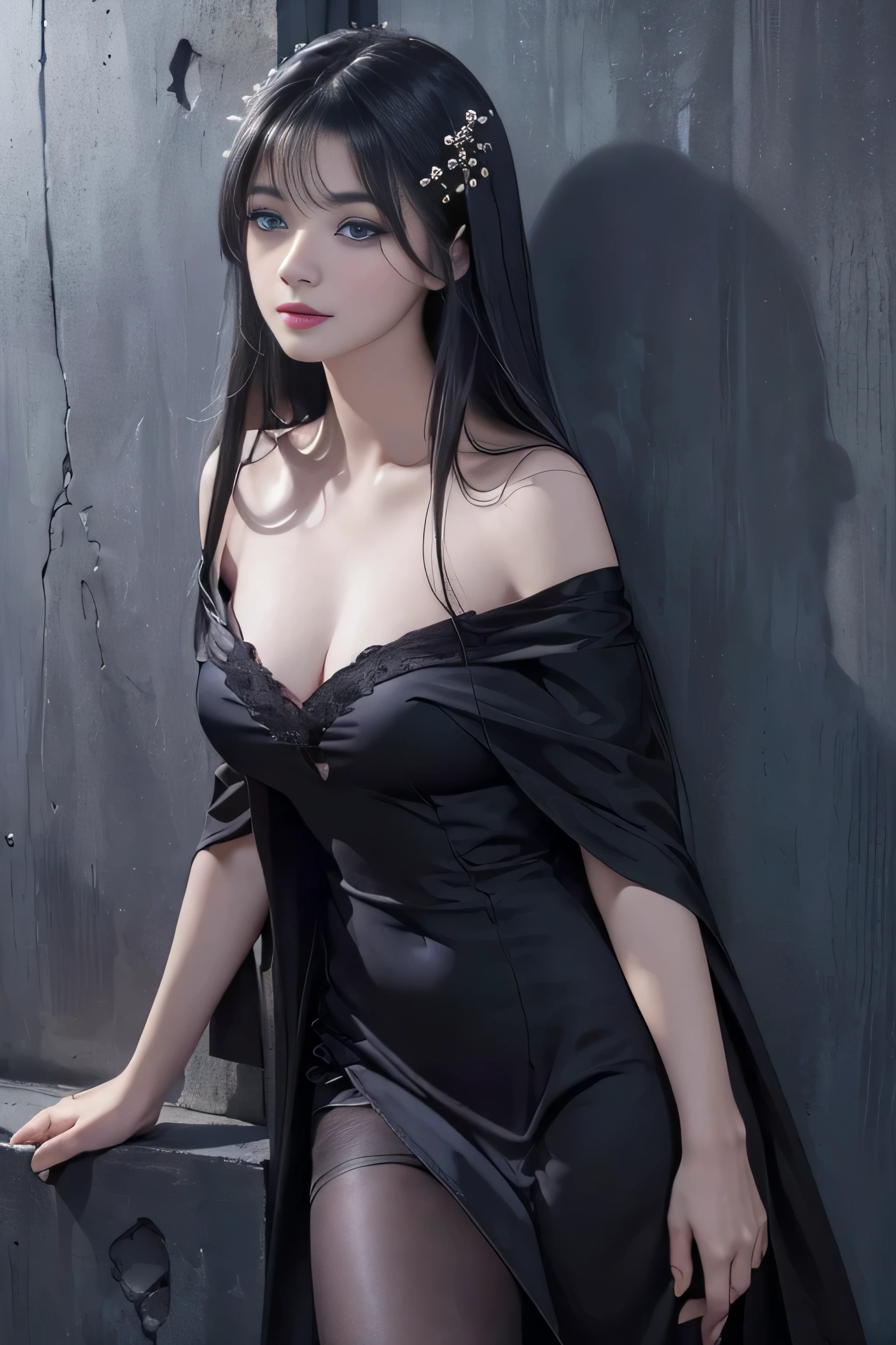 1 beautiful devil woman from hell, In the Dark: 1.6), surreal female portrait by David Hockney and Alphonse Mucha, fantasy art, korea doll, photorealism, dynamic lighting, artstation, poster, volumetric lighting, very detailed faces, 8k ultra, Awarded, in the dark, deep shadow, low key, cowboy lens, (wearing a slim dress with a phoenix pattern that reaches down to her thighs: 1.4), long hair, black hair, bust, luxurious palace, Sexy devil style, devil  crown, Neck jewelry, red eyes make up very sharp and detailed, The most beautiful face, The breasts are very big and round and round, Super realistic, chinese women's clothing, Charming smile, The eyes are very well made up, guweiz, Sexy female devil style, wearing black mesh socks, Ponytail with a bow tied at the back of the hair, pink lips, Devil tattoo on shoulder, wearing a thin red and black robe, Undress, the landscape is overcast and thunderous, (Portrait), Close-up of the main character, (Background details 1.8), HDR, UHD, 8k quality, detailed pixel, Super nude