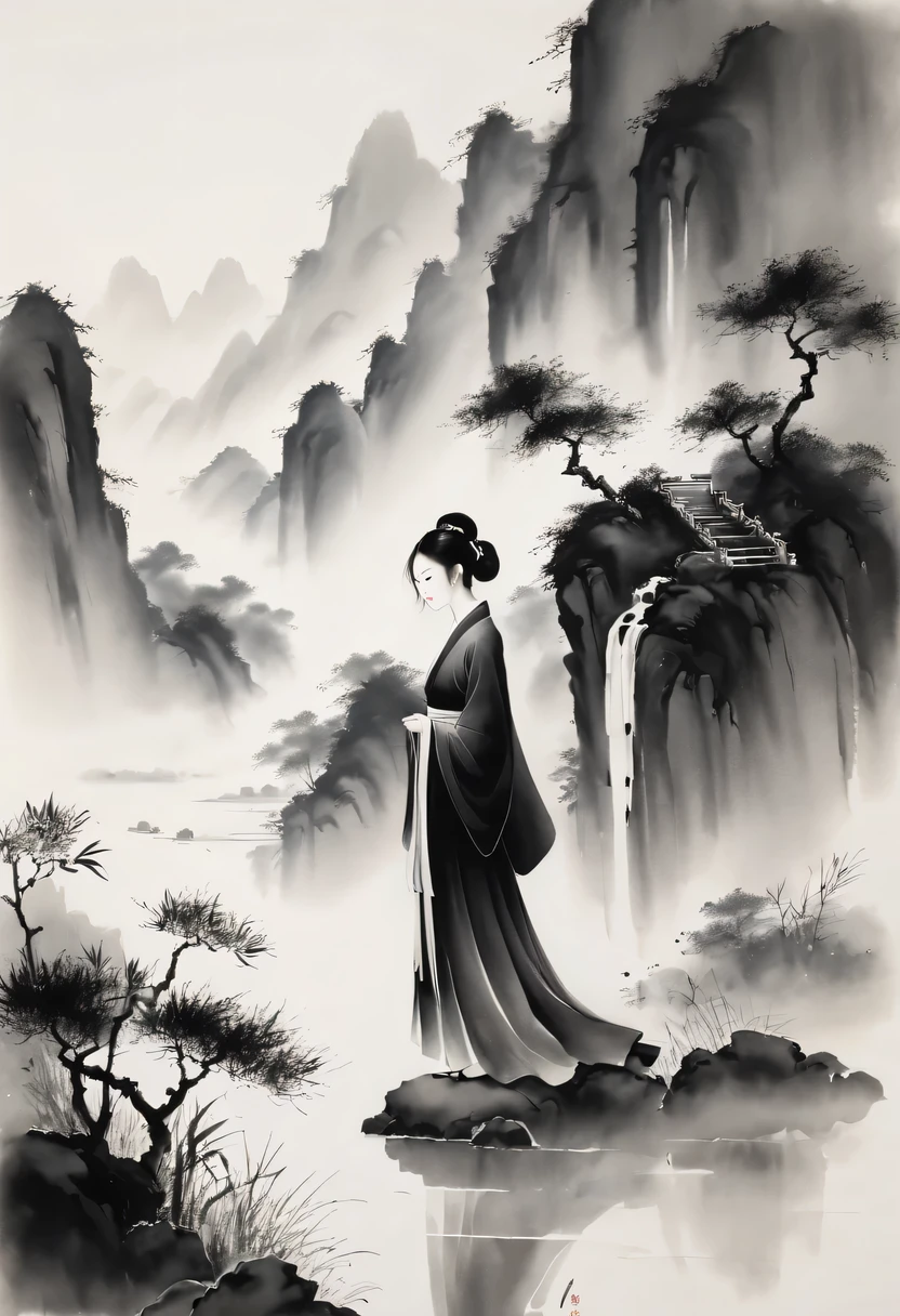 girl，black and white painting，Outline with black ink，smooth lines，通过墨迹的浓淡对比展现girl的表情和姿态，The background is simple，emphasize light, shadow and space，lots of white space，Use thick and light inks to create light and dark changes and layers，Choose the right ink color，Such as deep black、Thick gray、Light coffee, ETC，Express different situations and atmospheres，Control the gradient and transition of ink colors through the humidity and consistency of the ink，black and white tones， 中国传统ink painting, Chinese traditional art, ink painting, 中国ink painting, Chinese painting style
