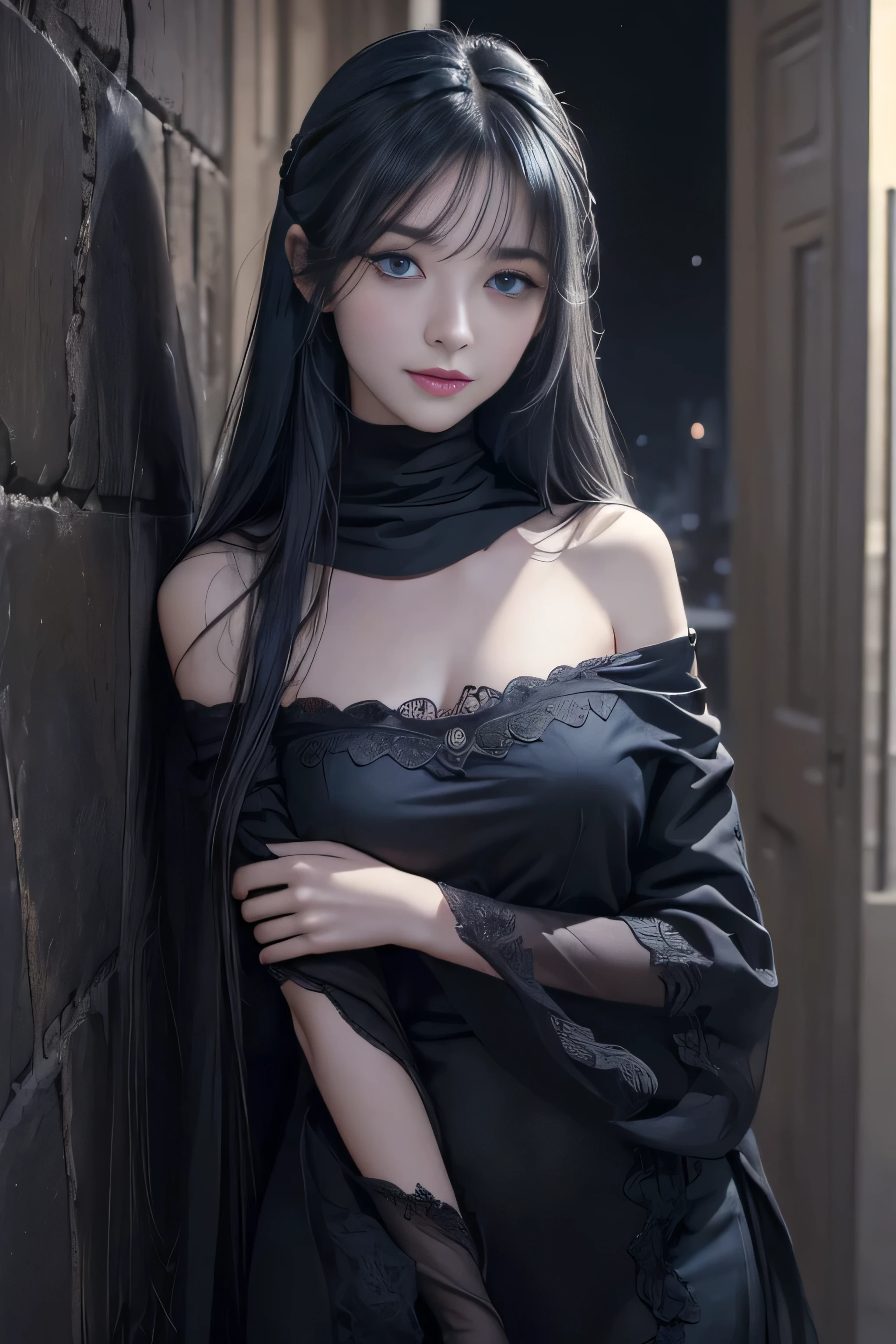 (surreal)、(enlightenment)、(High resolution)、(8K)、(非常にbe familiar with)、(best illustrations)、(beautiful and fine eyes)、(highest quality)、(超be familiar with)、(masterpiece)、(wallpaper）、（be familiar with顔）、alone、1 girl、(blue eyes),(long eyelashes)、looking at the viewer、be familiar with、be familiar with顔、On a dark night、deep shadow、discreet key、Pure erotic face ace_v1、laughter、length、black shawl straight hair、46 point diagonal bangs,　（off shoulderシルクのドレスミニスカートタイプ）、(off shoulder）View of the castle、、stand against the wall
