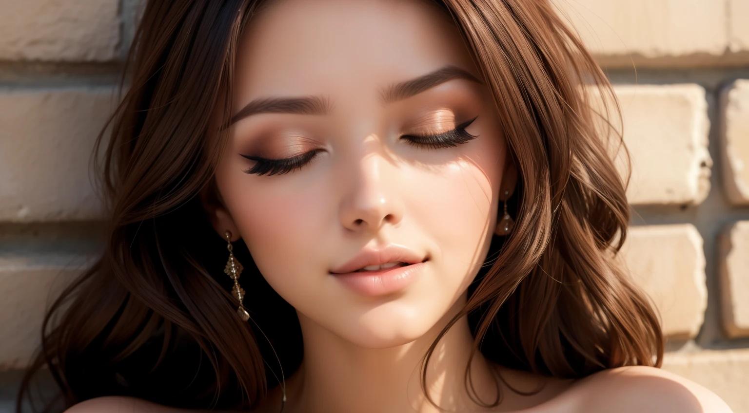 Close up shot of a woman who has closed her eyes and parted her perfect lips, blushing very hard, kissable face and lips, amazing makeup, against a wall