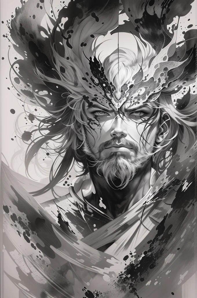 (black and white), (ink style art:1.3), (one human man)、warrior portrait、abstract painting、A proud warrior heading into battle、Overflowing life energy、(black ink, Ink texture), (white background), vector style、Simple style, thick and bold brush strokes