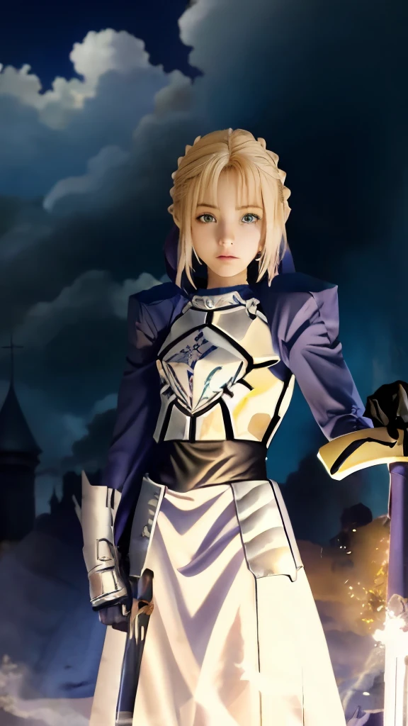 a woman in a white dress holding a sword in front of fire, artoria pendragon, anime style like fate/stay night, fate zero, fate/zero, fate / stay night, fate stay night, fate grand order, alicization, female action anime girl, female anime character, violet evergarden, screenshot from a 2012s anime