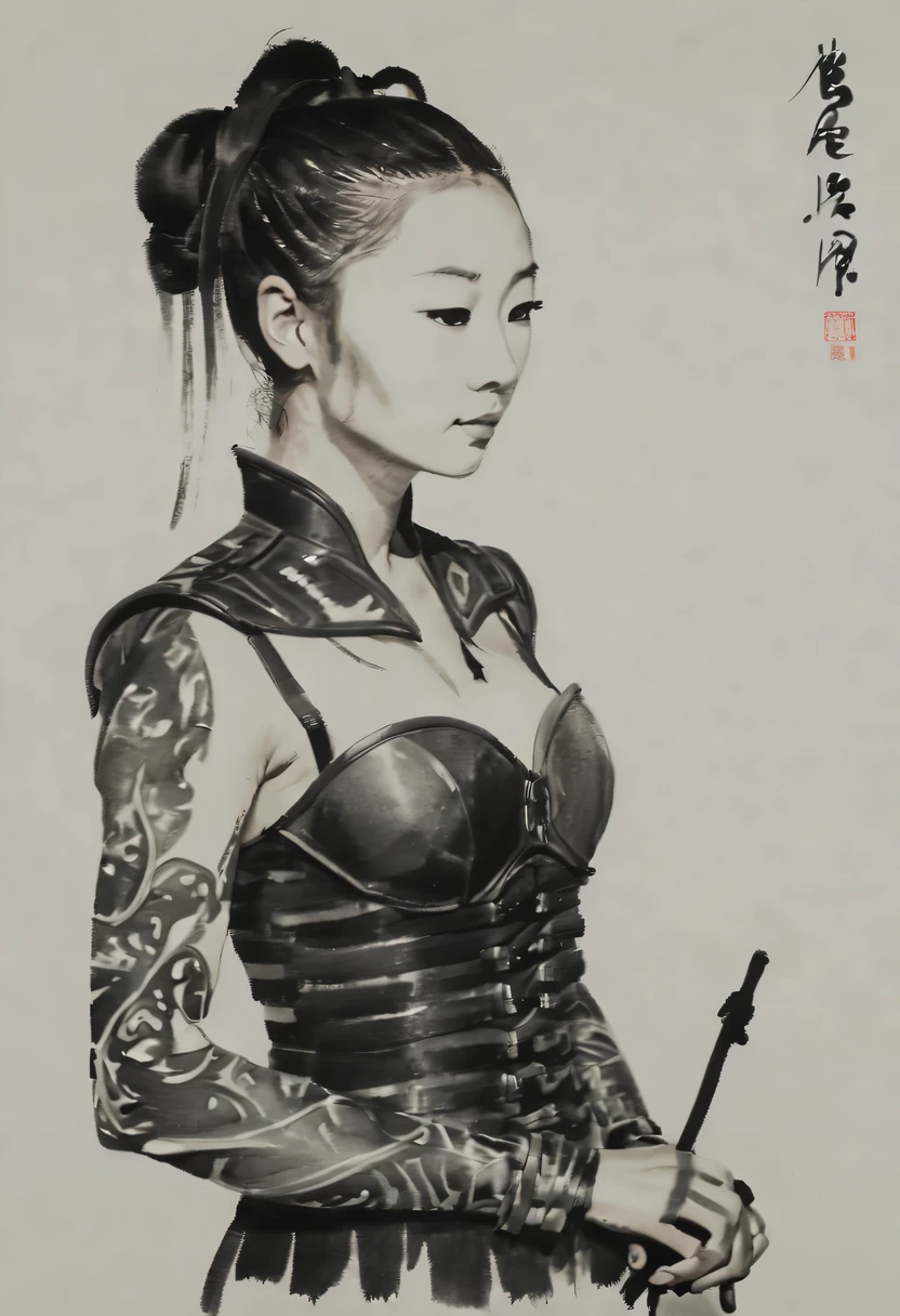 (high contrast ink line, Expressive postures and facial expressions, simple background, Emphasis on lighting and spatial awareness, Plenty of negative space, Guan Yu) (actual, Black and white ink painting:1.5), (high quality, detailed, Precise ink lines:1.6), (Focus lighting, dramatic shadow), (Charming and dynamic poses), (expressive facial expressions:1.1), (Majestic, muscular), (stoic and determined expression), (Exquisite armor and weapons), (clear details), [Subtle background elements], 