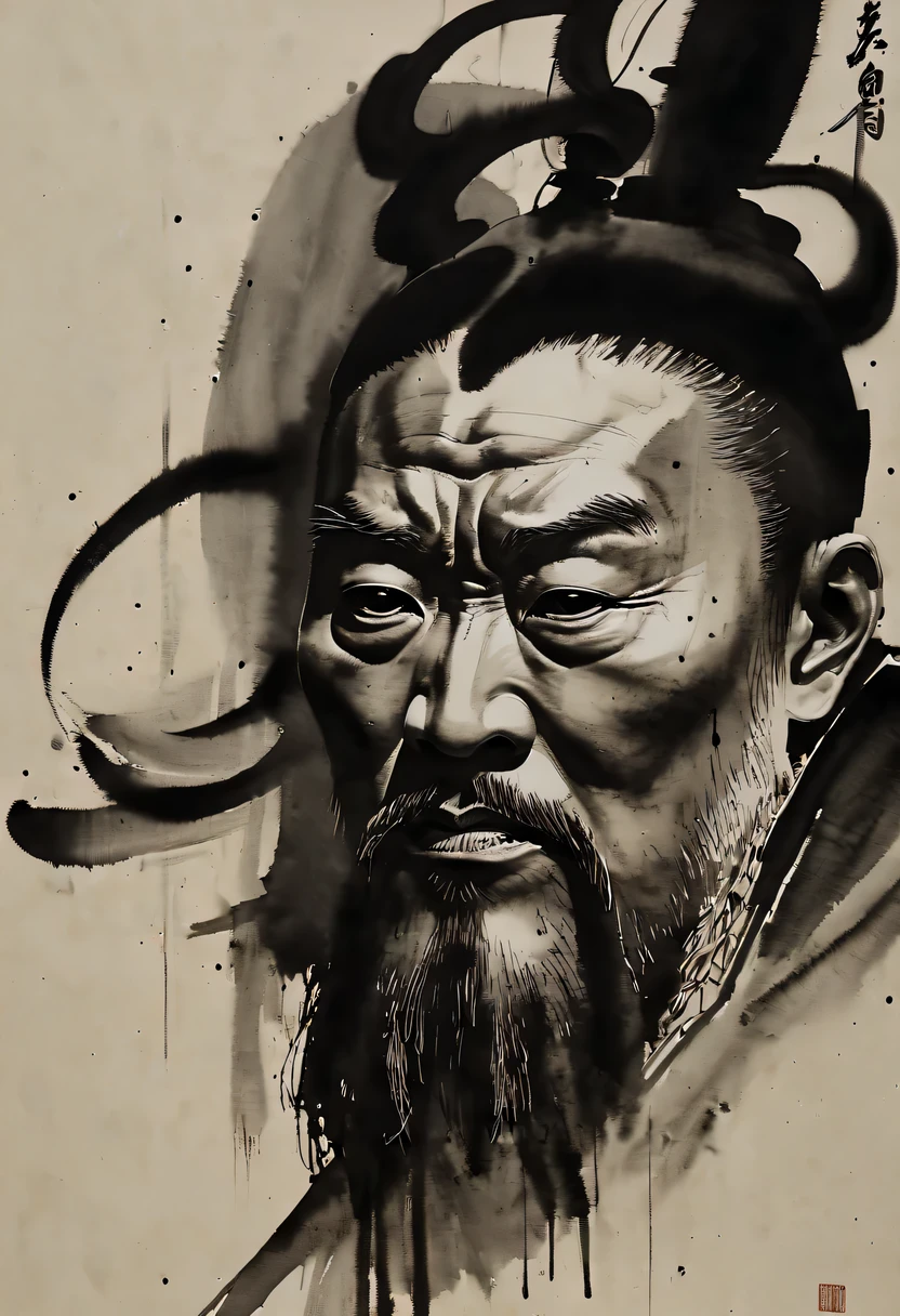 (high contrast ink line, Expressive postures and facial expressions, simple background, Emphasis on lighting and spatial awareness, Plenty of negative space, Guan Yu) (actual, Black and white ink painting:1.5), (high quality, detailed, Precise ink lines:1.6), (Focus lighting, dramatic shadow), (Charming and dynamic poses), (expressive facial expressions:1.1), (Majestic, muscular), (stoic and determined expression), (Exquisite armor and weapons), (clear details), [Subtle background elements],