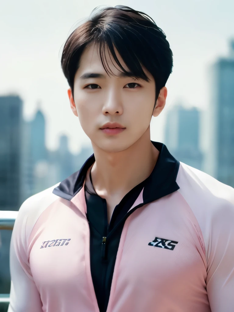 (masterpiece), (extremely intricate:1.3),, (realistic), Korean Man, Clear facial features, black hair, Happy, in city, the most handsome in the world, (pink training suit), full body, photo studios, professional photograph of a stunning man detailed, detailed face, eyes to the camera, sharp focus, dramatic, award winning, cinematic lighting, octane render, realistic, volumetrics dtx, (film grain, bokeh, blurry foreground, blurry background),