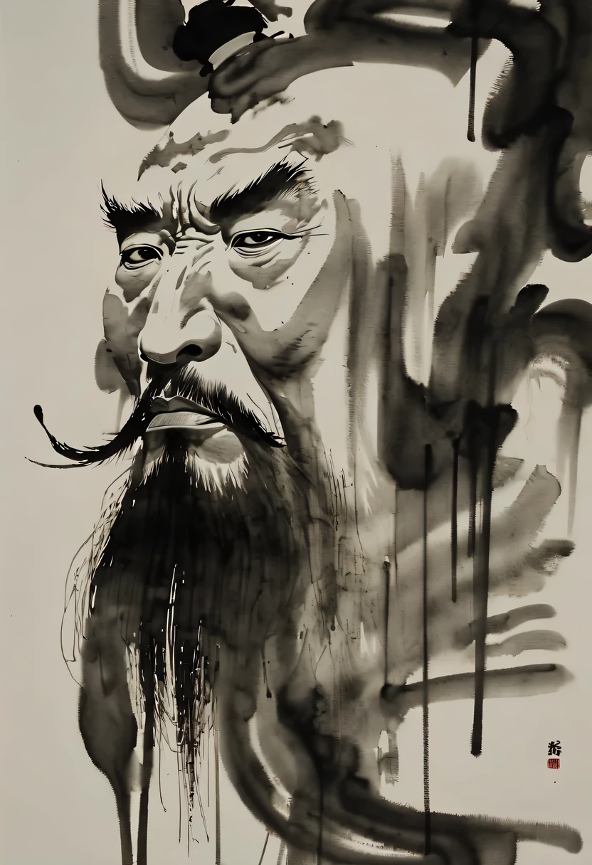 (high contrast ink line, Expressive postures and facial expressions, simple background, Emphasis on lighting and spatial awareness, Plenty of negative space, Guan Yu) (actual, Black and white ink painting:1.5), (high quality, detailed, Precise ink lines:1.6), (Focus lighting, dramatic shadow), (Charming and dynamic poses), (expressive facial expressions:1.1), (Majestic, muscular), (stoic and determined expression), (Exquisite armor and weapons), (clear details), [Subtle background elements],