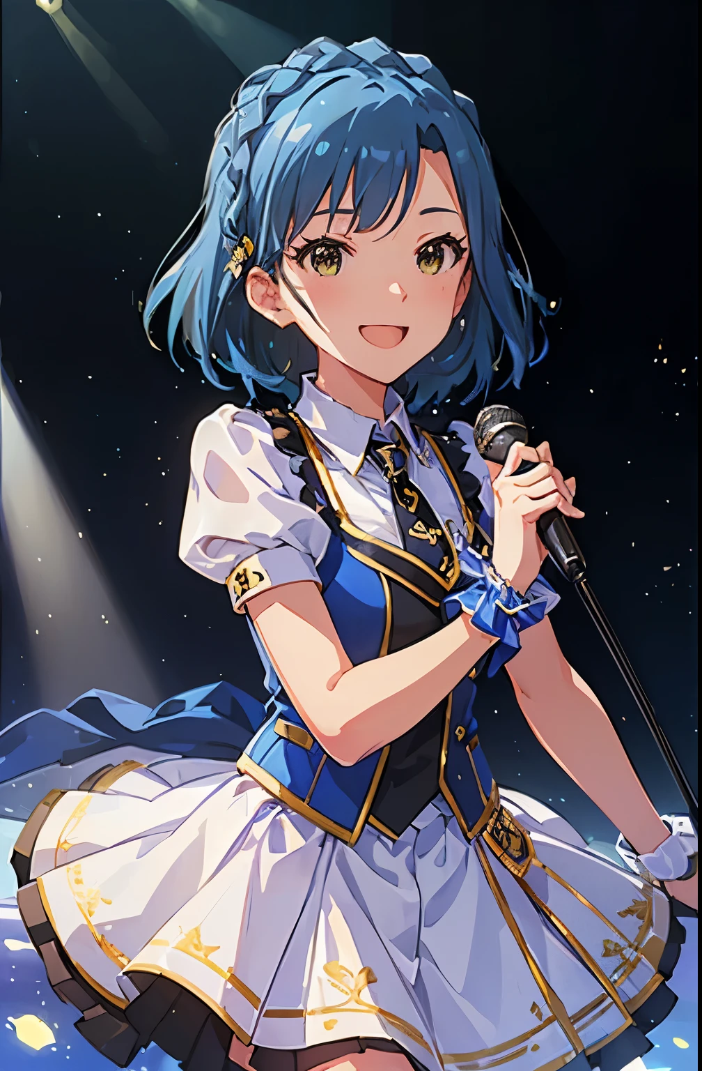 yuriko nanao (million live), 1 girl, Solo, Cute Girl, Best Quality, Ultra-detailed, 8K, High resolution, (((upper body, face focus:1.3))), Detailed face, falling down, singing on the stage, holding a microphone, looking at viewer, (smile, ;d:1.5), opened mouth, reach out a hand for viewer, Bob Hair, ((sweat)), ((idol costume:1.1, blue vest, short sleeves, puffy sleeves, black necktie, white skirt, pleated skirt,)), 