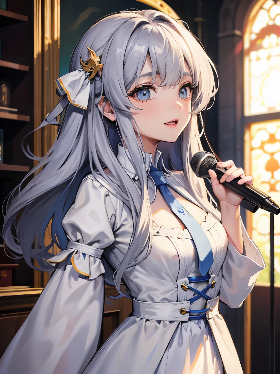 1 girl、blouse、detailed face、long hair with gray hair、light blue eyes、round eyes、hair arrange、tie a ribbon on the chest、Smiling Girl、drooping eyes、droopy eyes、、church、Patsun bangs、Highest image quality、simple clothes、bright background、eye highlights、Singer girl、have a microphone、sing、Idol