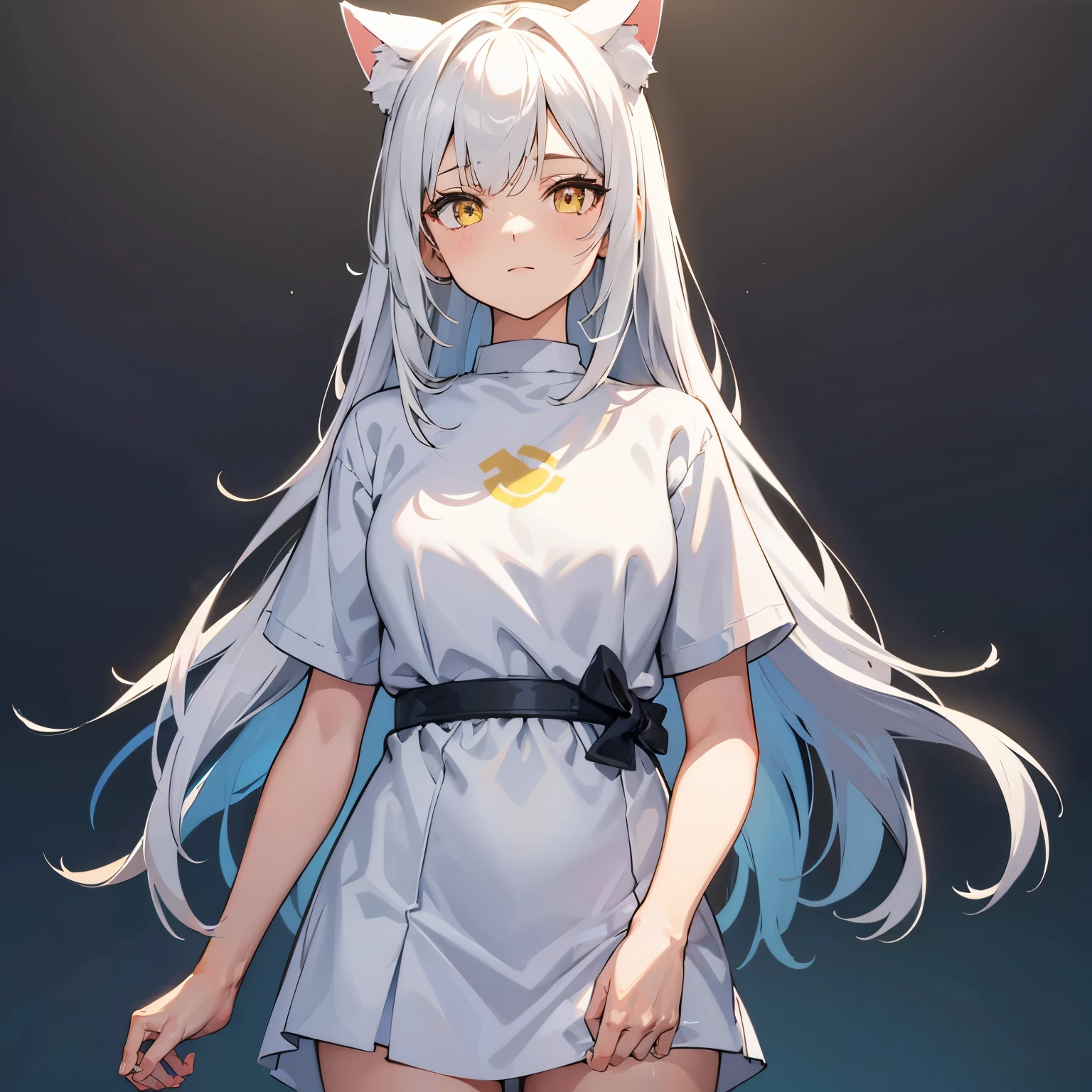 Cat ear，girl，yellow eyes，solo，white hair，White top，long hair，straight hair，Looking directly into the camera，cartoon，Plain white T-shirt，standing posture，faint smile，simple background，Simple decoration，gentle，peace，oversized ，Sunlight，eye level