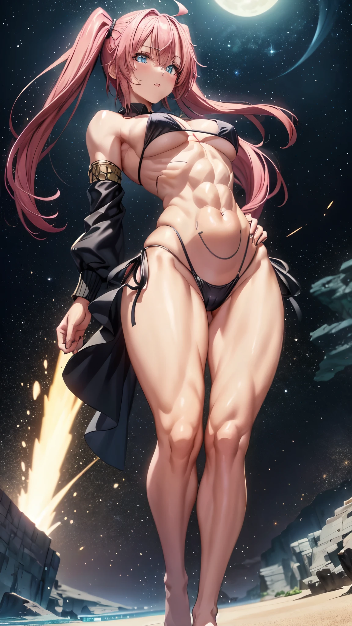 1 girl, (medium breasts))), (((wearing short bikini))), (pink hair), (((blue eyes))), thin arms, (on the beach at night with starry sky and full blood moon ), (slim waist), (((muscular legs))), muscular belly, wearing black high heel shoes, showing me her big ass, (((full body photo))), (twintails), long eyes, eye flare, moodiness, anime, anime style, ray tracing, Reflection, drop shadow, Panorama, Sony FE, 8k, UDisk, artwork, accurate, anatomically correct, super detail, best quality, ultra-high resolution, Disk hard, 16k