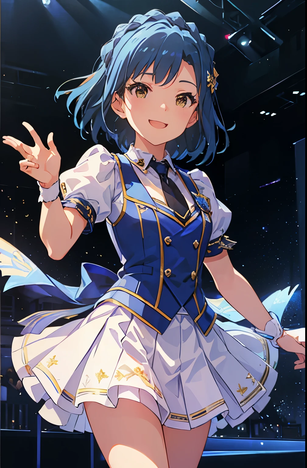 yuriko nanao (million live), 1 girl, Solo, Cute Girl, Best Quality, Ultra-detailed, 8K, High resolution, (((upper body, face focus:1.3))), Detailed face, falling down, singing on the stage, holding a microphone, looking at viewer, (smile, ;d:1.5), opened mouth, reach out a hand for viewer, Bob Hair, ((sweat)), ((idol costume:1.1, blue vest, short sleeves, puffy sleeves, black necktie, white skirt, pleated skirt,)),