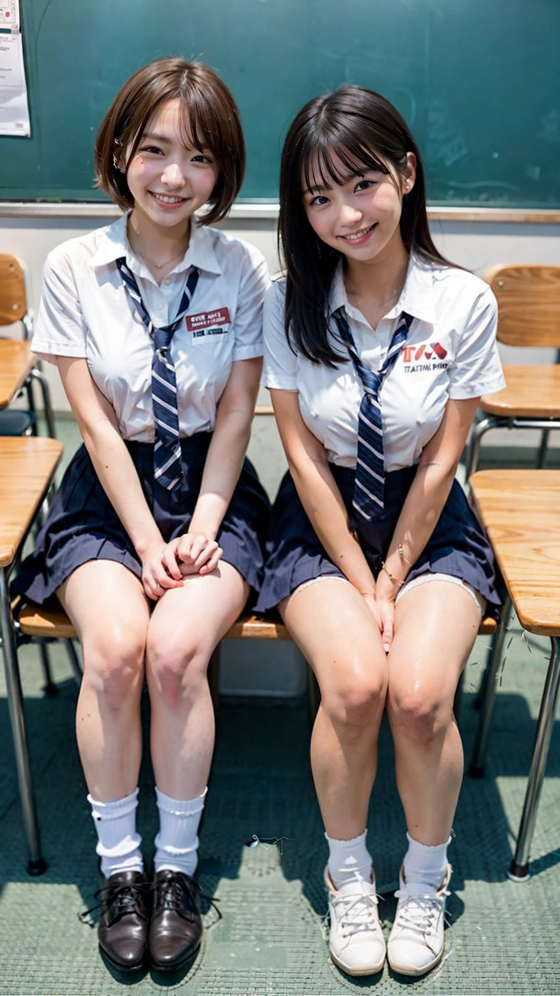 NSFW,Two girls sitting in front of each other in the night school class room、18-year-old、spreading legs、flat chest,leg、both knees、nude、between legs、short hair,between legsを開いてcrotchを見せてくれる、white panties,full body shot、((a little smiles))、tits,gyaru make,school uniform