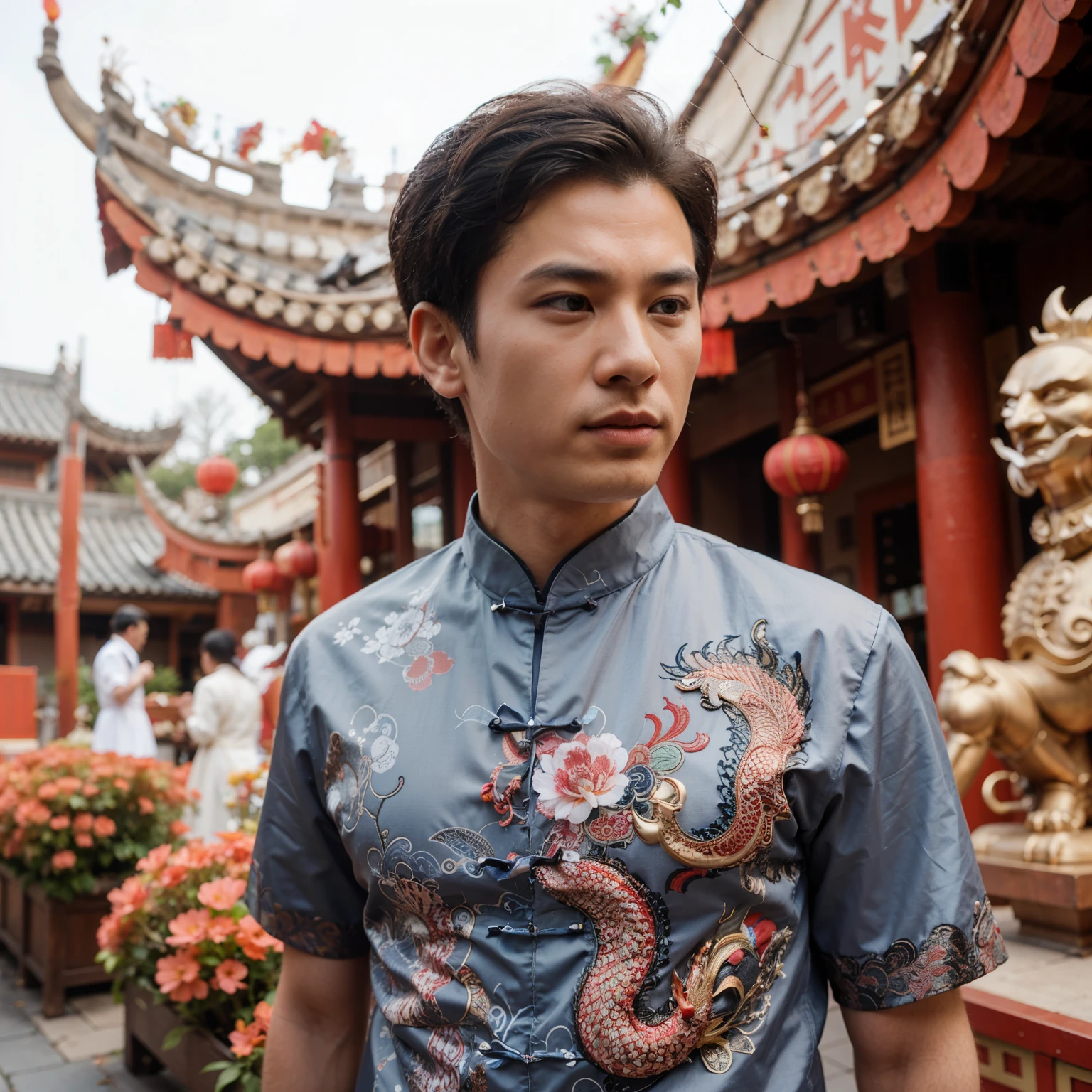 arafed man in a chinese outfit standing in front of a building, with ancient chinese aesthetic, dragon - inspired suit, chinese style, traditional chinese clothing, inspired by Dai Xi, with acient chinese clothes, inspired by Guan Daosheng, china silk 3d dragon, inspired by Chen Hong, inspired by Xie Huan, inspired by Guo Xi