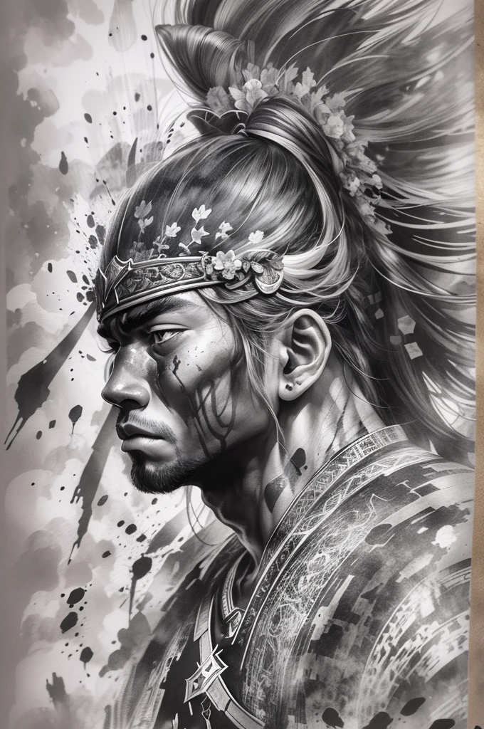 (black and white), (ink style art:1.3), (one human man)、warrior portrait、Face close-up、Proud tribal warrior heading into battle、Overflowing life energy、(black ink, ink dripping), (white background), vector style、Simple style, thick and bold brush strokes