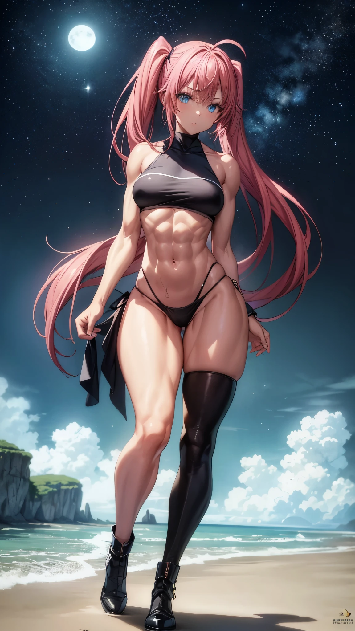 1 girl, (medium breasts))), (((wearing short bikini))), (pink hair), (((blue eyes))), thin arms, (on the beach at night with starry sky and full blood moon ), (slim waist), (((muscular legs))), muscular belly, wearing black high heel shoes, showing me her big ass, (((full body photo))), (twintails), long eyes, eye flare, moodiness, anime, anime style, ray tracing, Reflection, drop shadow, Panorama, Sony FE, 8k, UDisk, artwork, accurate, anatomically correct, super detail, best quality, ultra-high resolution, Disk hard, 16k