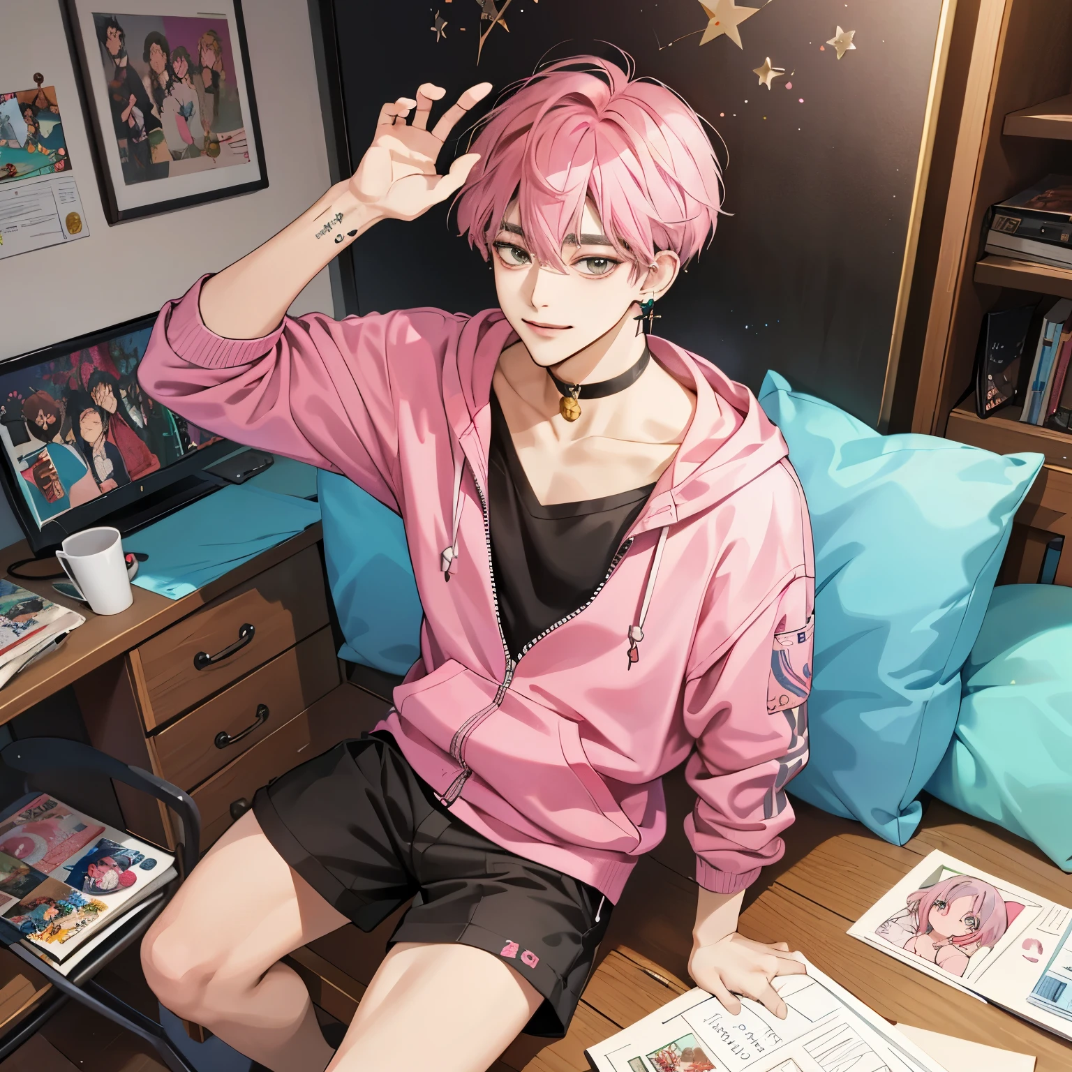 Guviz-style artwork, Made at Anime Painter Studio, anime realism style, realistic anime art style, Drawn at Anime Painter Studio, Inspired by Kim Taehyung, In an anime style, anime handsome man, dark pink hair、A sloppy smile、choker、Multiple piercings、Man with short hair、One man、gray eyes、room、cocoa、暖かいroom、Inspired by Kim Taehyung、hoodie、cocoaを両手で持つ、look up here