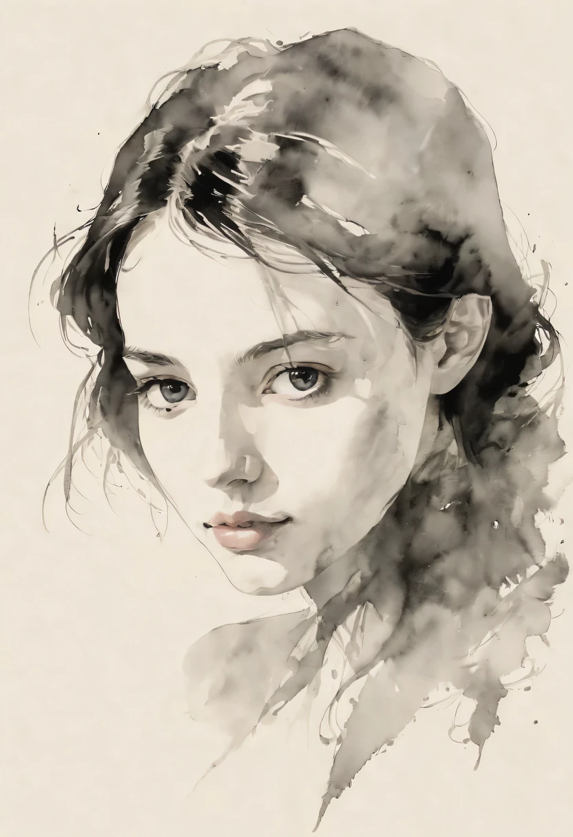 (best quality, high resolution, masterpiece:1.2), Super detailed, actual:1.37, black ink sketch, smooth lines, Expressive facial expressions and gestures, simple background, Emphasis on light and shadow and spatial perception, Abundant negative space, young girl.ink portrait,smooth lines,expressive facial features,Subtle emotions,Ink strength comparison,simple background,Emphasis on light and shadow,spacious,Abundant negative space,peaceful atmosphere,peaceful atmosphere,dreamy mood,Subtle yet charming details,pastel colors,Calm and introspective,elegant gesture,Gentle movements,Gentle and innocent,elegant whisper,Quiet and elegant,shining,sublime beauty,Vector illustration,black and white,Natural and organic,nourishing and calming,Sublime simplicity,Ethereal charm.