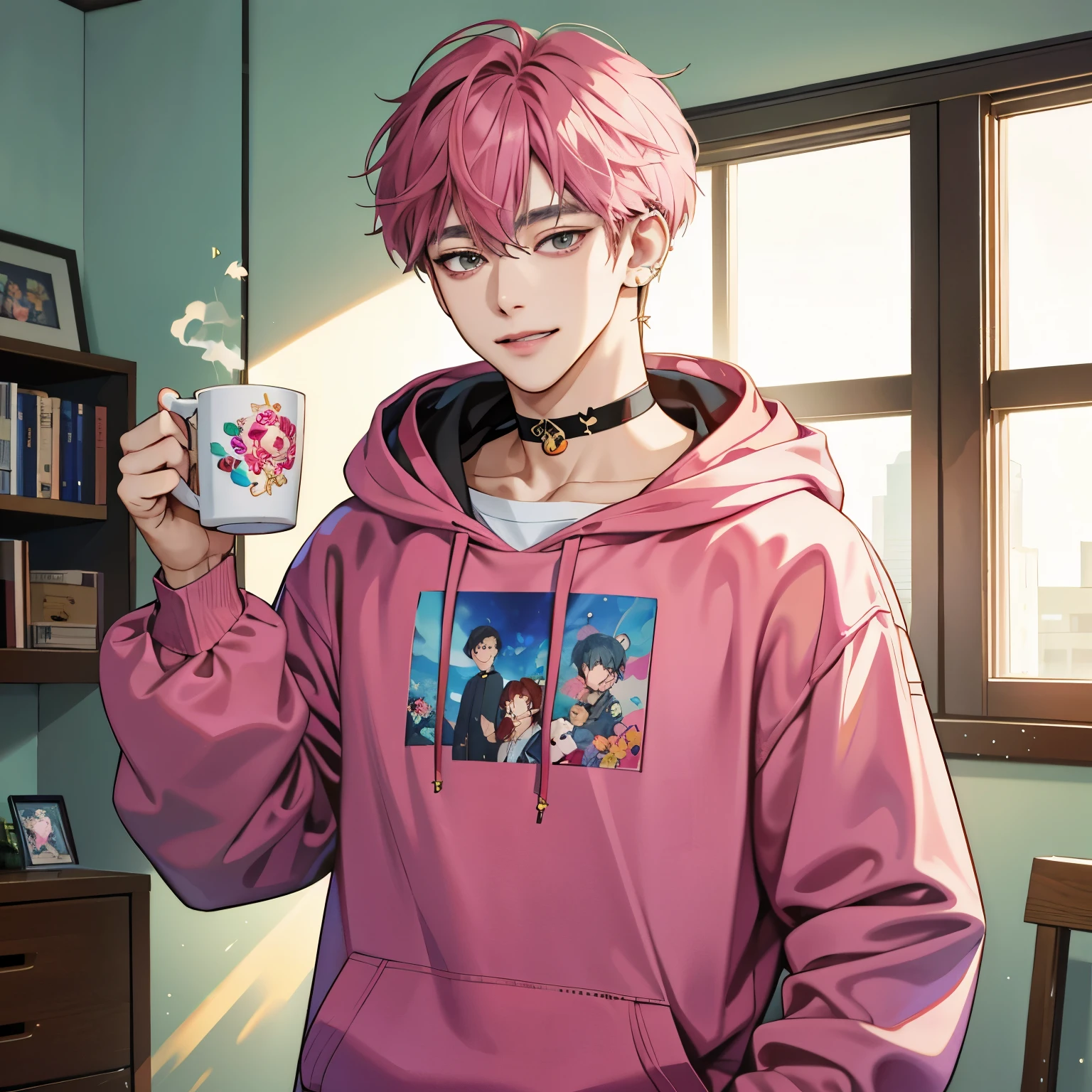 Guviz-style artwork, Made at Anime Painter Studio, anime realism style, realistic anime art style, Drawn at Anime Painter Studio, Inspired by Kim Taehyung, In an anime style, anime handsome man, dark pink hair、A sloppy smile、choker、Multiple piercings、Man with short hair、One man、gray eyes、room、暖かいroom、Inspired by Kim Taehyung、hoodie、Holding the mug with both hands、upward glance