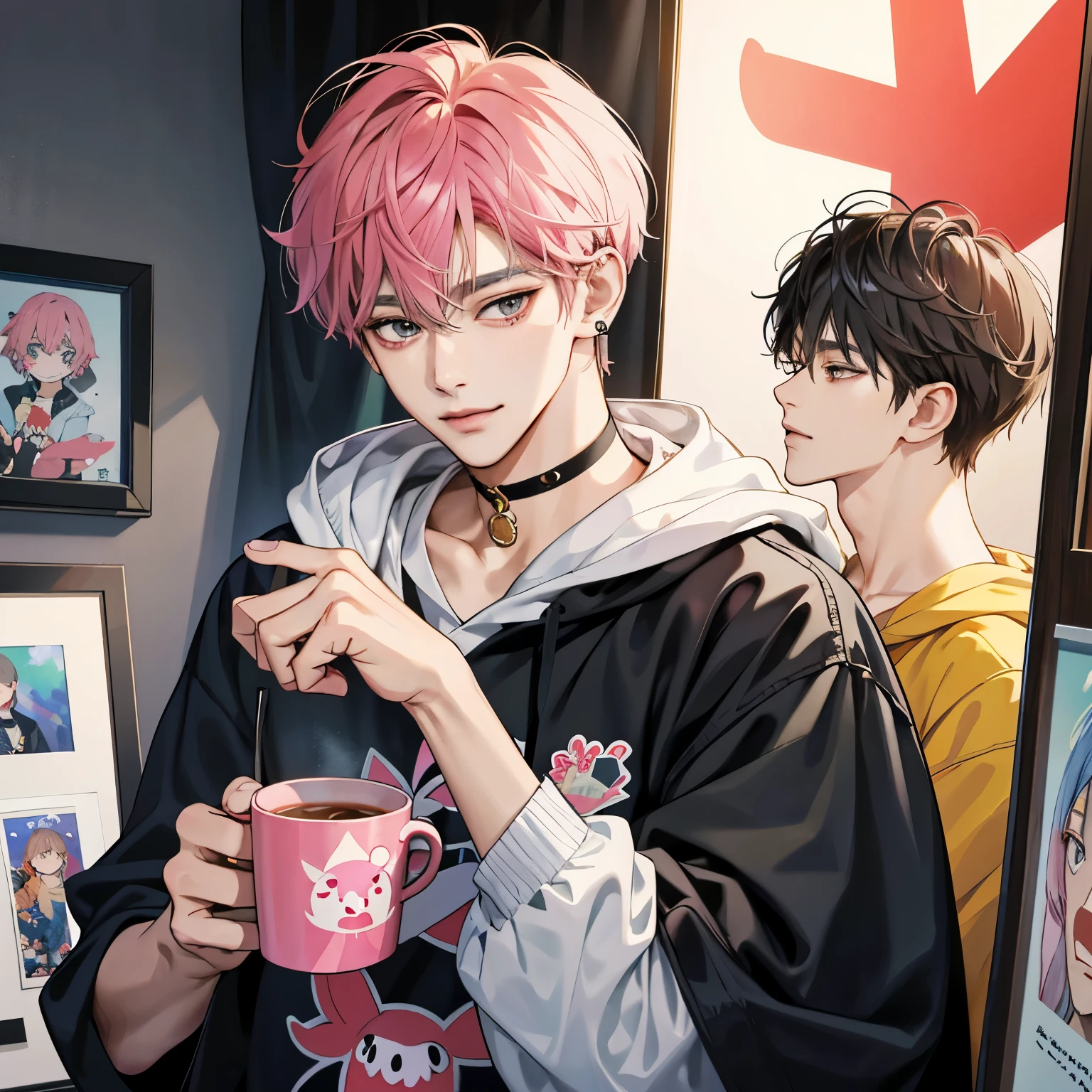 Guviz-style artwork, Made at Anime Painter Studio, anime realism style, realistic anime art style, Drawn at Anime Painter Studio, Inspired by Kim Taehyung, In an anime style, anime handsome man, dark pink hair、A sloppy smile、choker、Multiple piercings、Man with short hair、One man、gray eyes、room、暖かいroom、Inspired by Kim Taehyung、hoodie、Holding the mug with both hands、upward glance