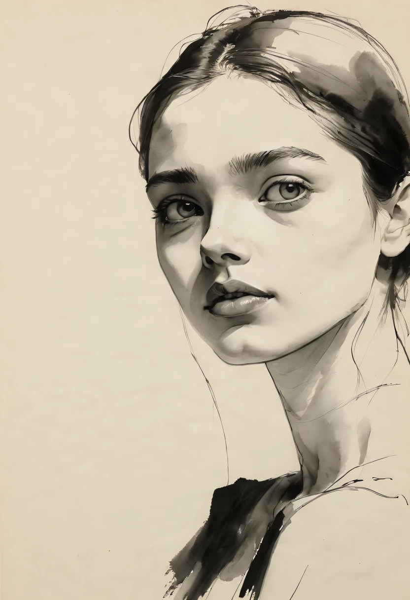 (best quality, high resolution, masterpiece:1.2), Super detailed, actual:1.37, black ink sketch, smooth lines, Expressive facial expressions and gestures, simple background, Emphasis on light, shadow and spatial perception, Abundant negative space, young girl.