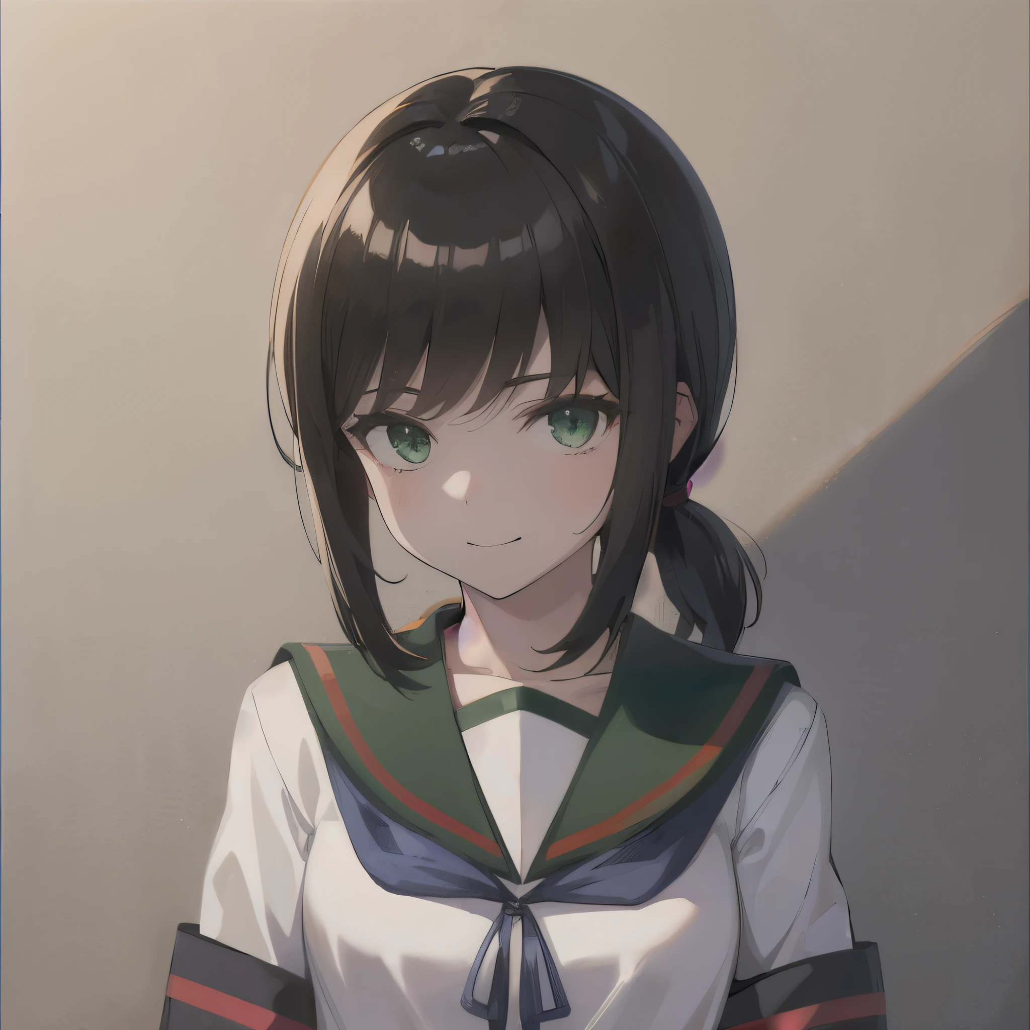 best green eye,stomach button,stomach, (masterpiece, highest quality:1.2),figure,8K,HD,1 girl,alone,Upper body,(portrait:1.2),black_hair,short_ponytail,White Serafuku,side lock,low_ponytail,green_eye,smile,black_eye,School_uniform,pleats_skirt,skirt,
