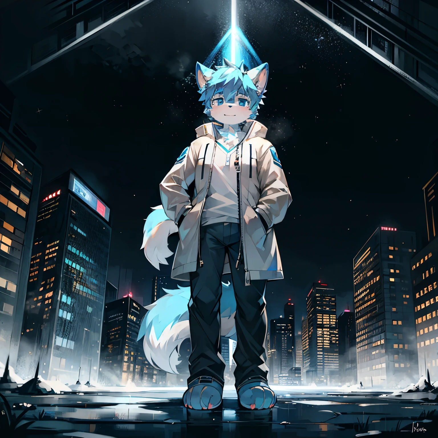 blue eyes的狼，Under the starry sky，blue fur，view，8k，juvenile，whole body毛茸茸，whole body，A furry tail，blue eyes，Handsome，stand，emaciated，White storm jacket，Light-colored pants，City，Put one hand in your pocket，shorts，paw，paw pads，漏出paw，No shoes，big ear，Furry ears，paw