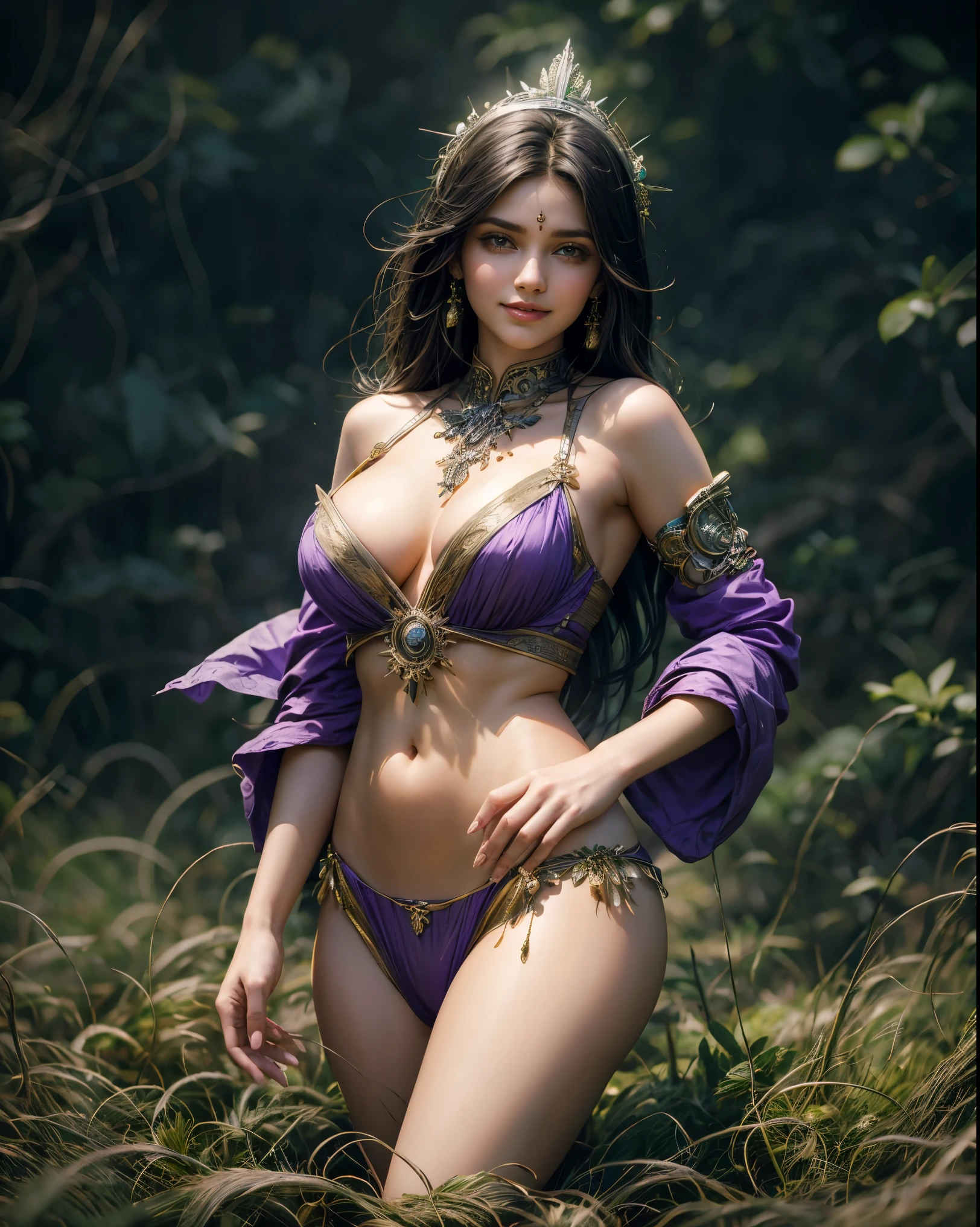 a woman in a purple and yellow dress in a field, wearing a steampunk sari, gracefully belly, huge breasts, cleavage, smily face, smile on face, indian super model, posing on wheat field, style of beautiful body, beautiful woman body, in a open green field, nature goddess, ellora, at a fashion shoot, shakti, in front of a forest background