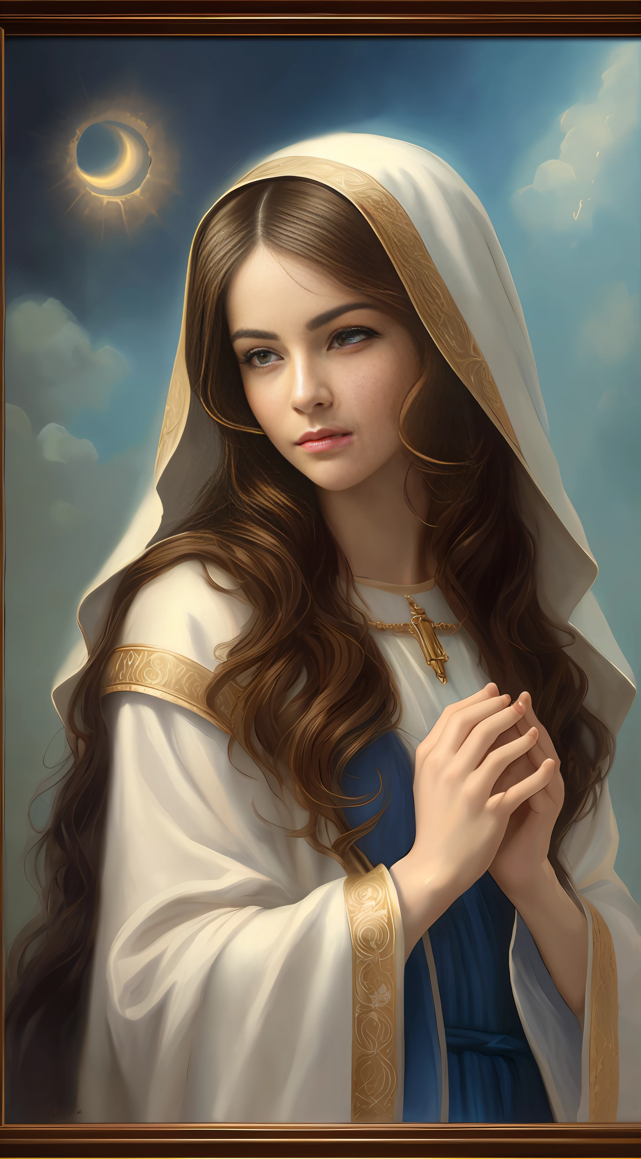 Obra-prima, A painting of a woman in a white robe holding a rosary, portrait of Virgem Maria, Virgem Maria, majestosa mulher santa, pintura digital renascentista, lindo retrato de arte de fantasia, por Roman Bezpalkiv, catholic religious art, obras de arte no estilo de guweiz,e Luis Royo bela donzela, retrato de um lindo anjo, linda pintura digital, linda pintura digital, beautiful digital illustration